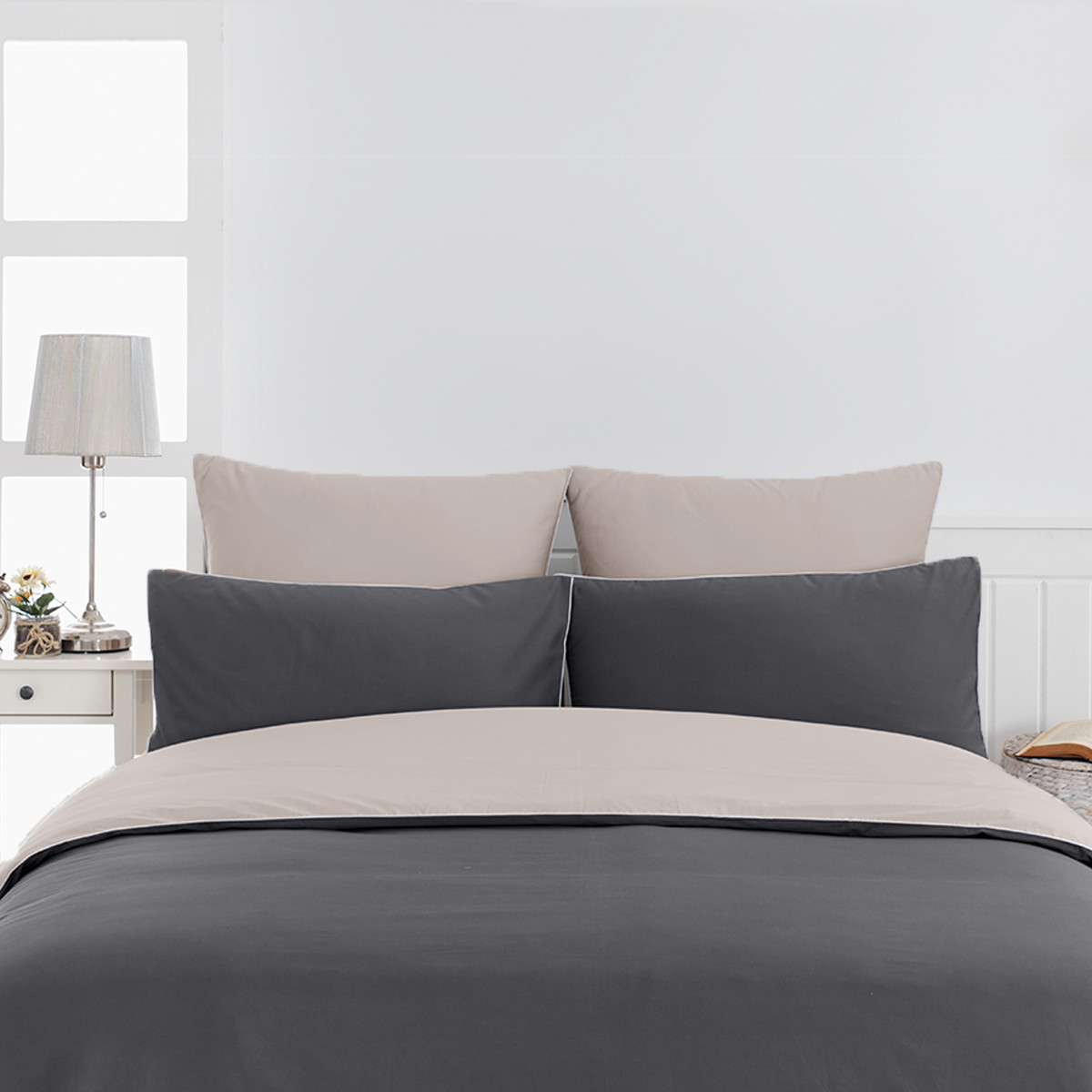 Housse de couette bicolore en percale coton DOZMARY gris perle/blanc, SENSEI MAISON