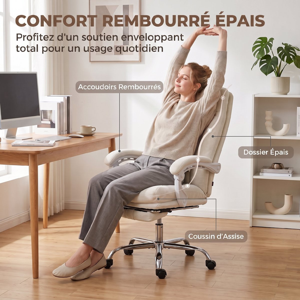 Chaise de bureau Chenille Crème crème, argent, HOMCOM