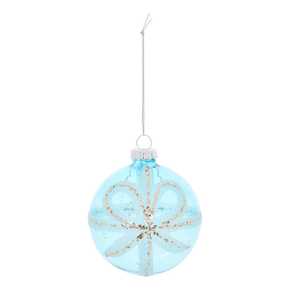 Boule de Noël motif nœud en verre transparente D. 80 mm bleu, FEERIC LIGHTS & CHRISTMAS