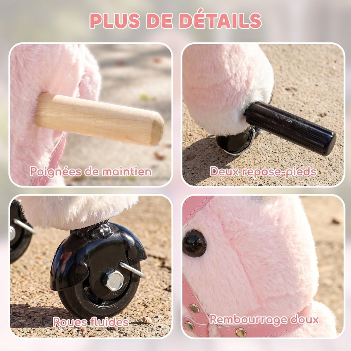 Cheval à bascule pour enfants Peluche rose, crinière multicolore, AIYAPLAY