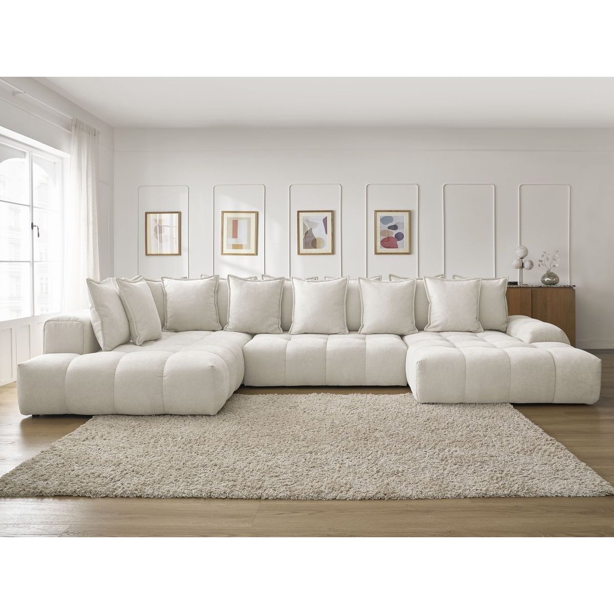 Canapé panoramique convertible 6 places en tissu texturé, EVEREST blanc, BOBOCHIC