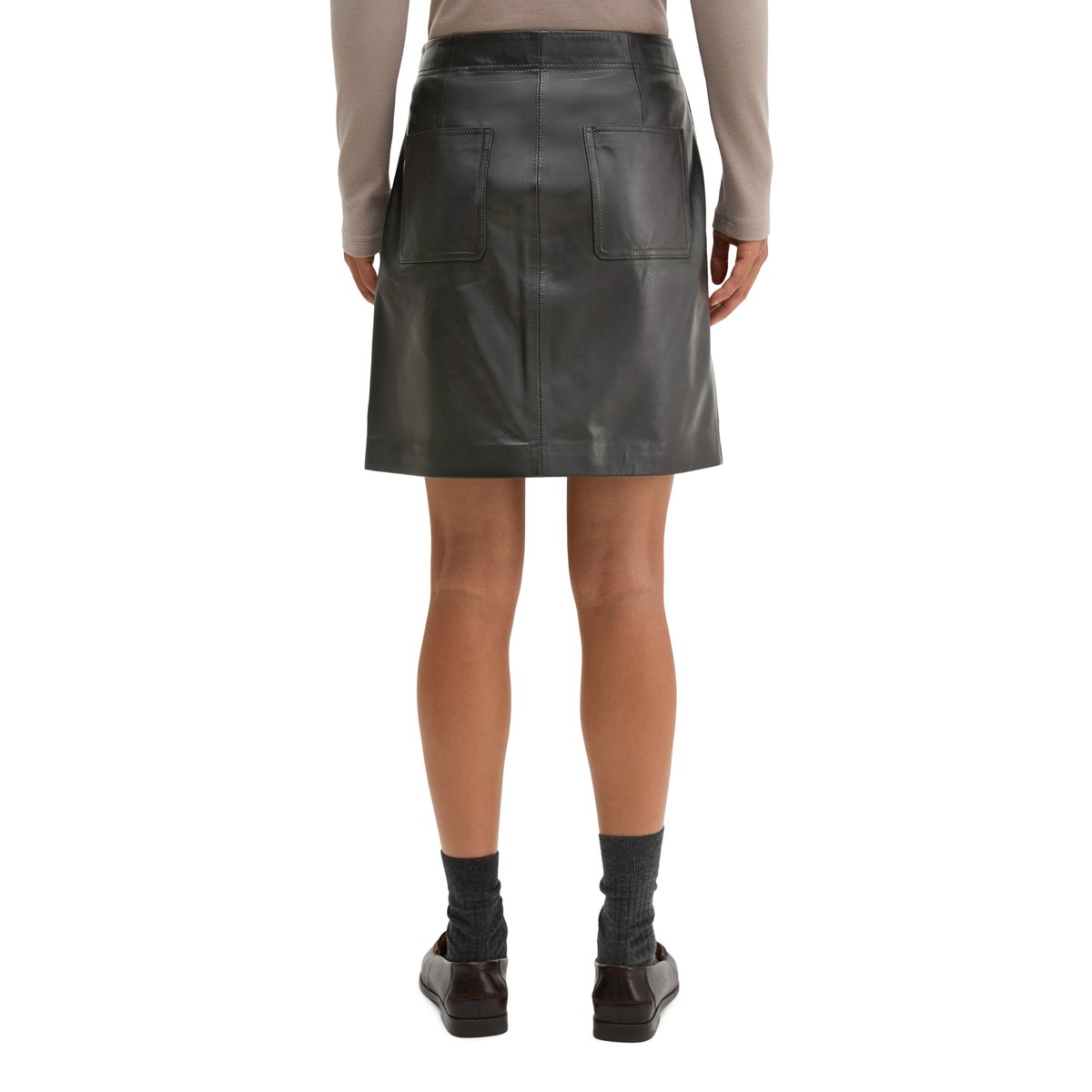 Mini-jupe en cuir évasée, style cache-cœur en cuir d'agneau nappa souple noir, MARC O'POLO