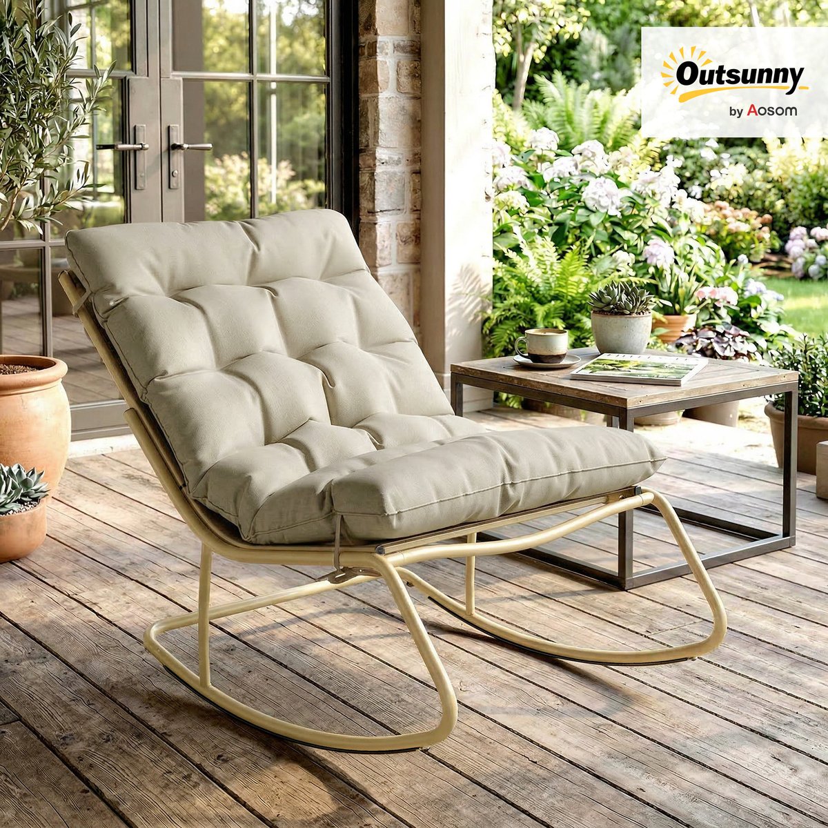 Fauteuil à bascule Acier Beige Kaki beige kaki, jaune, OUTSUNNY