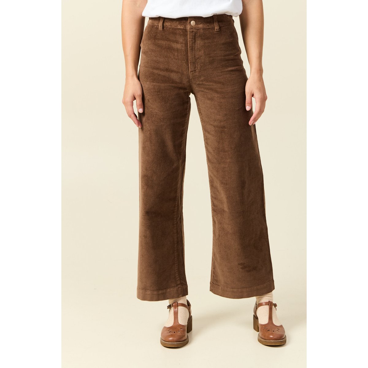 Pantalon large taille haute en velours vieux rose, BONOBO