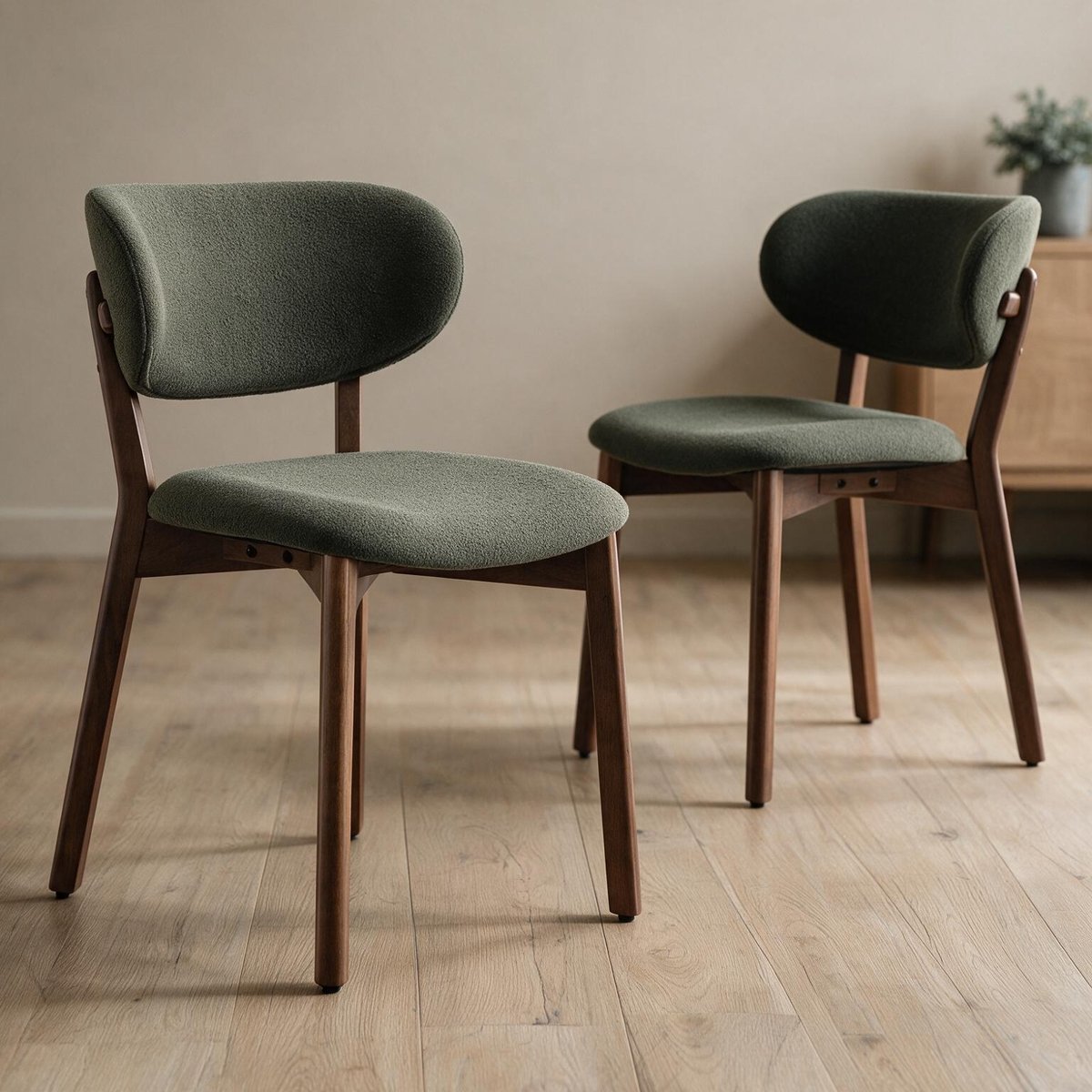 Lot de 2 chaises en bois et tissu boucle, AURA vert kaki, bois foncé, HAPPY GARDEN
