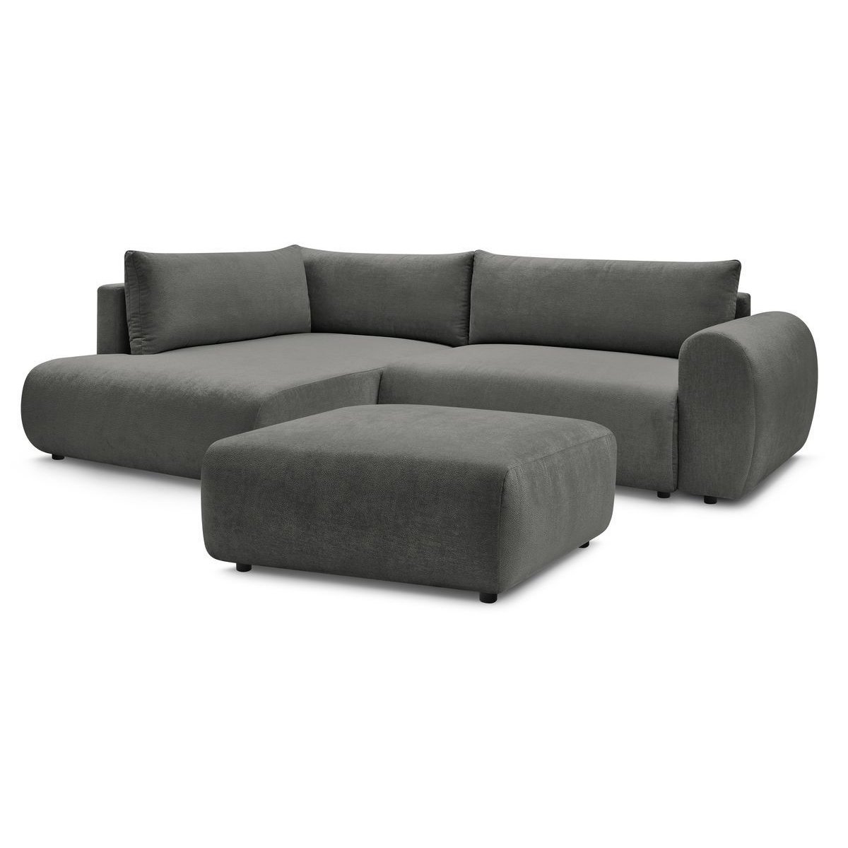 Canapé d'angle convertible 4 places en tissu lisse avec pouf, LUCIEN gris foncé, BOBOCHIC