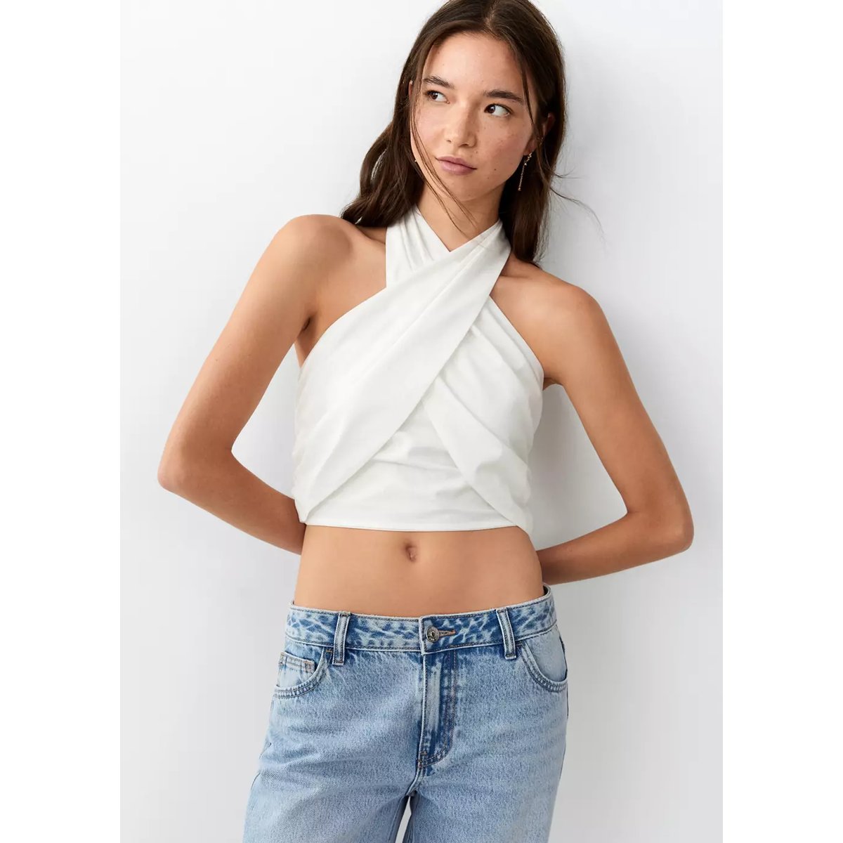 Top crop halter croisé blanc cassé, MANGO TEEN