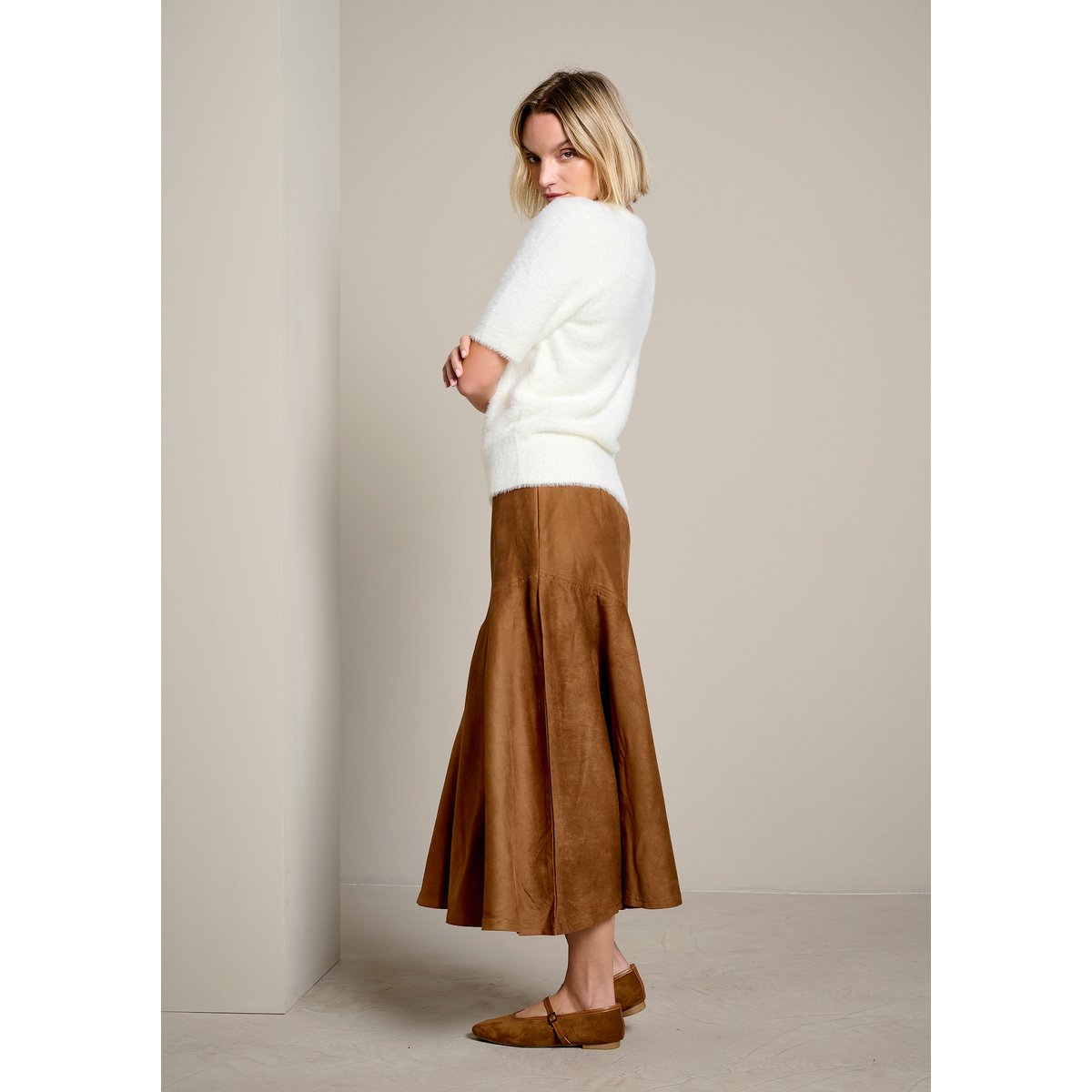 Jupe midi effet suédine camel brun, LOLALIZA