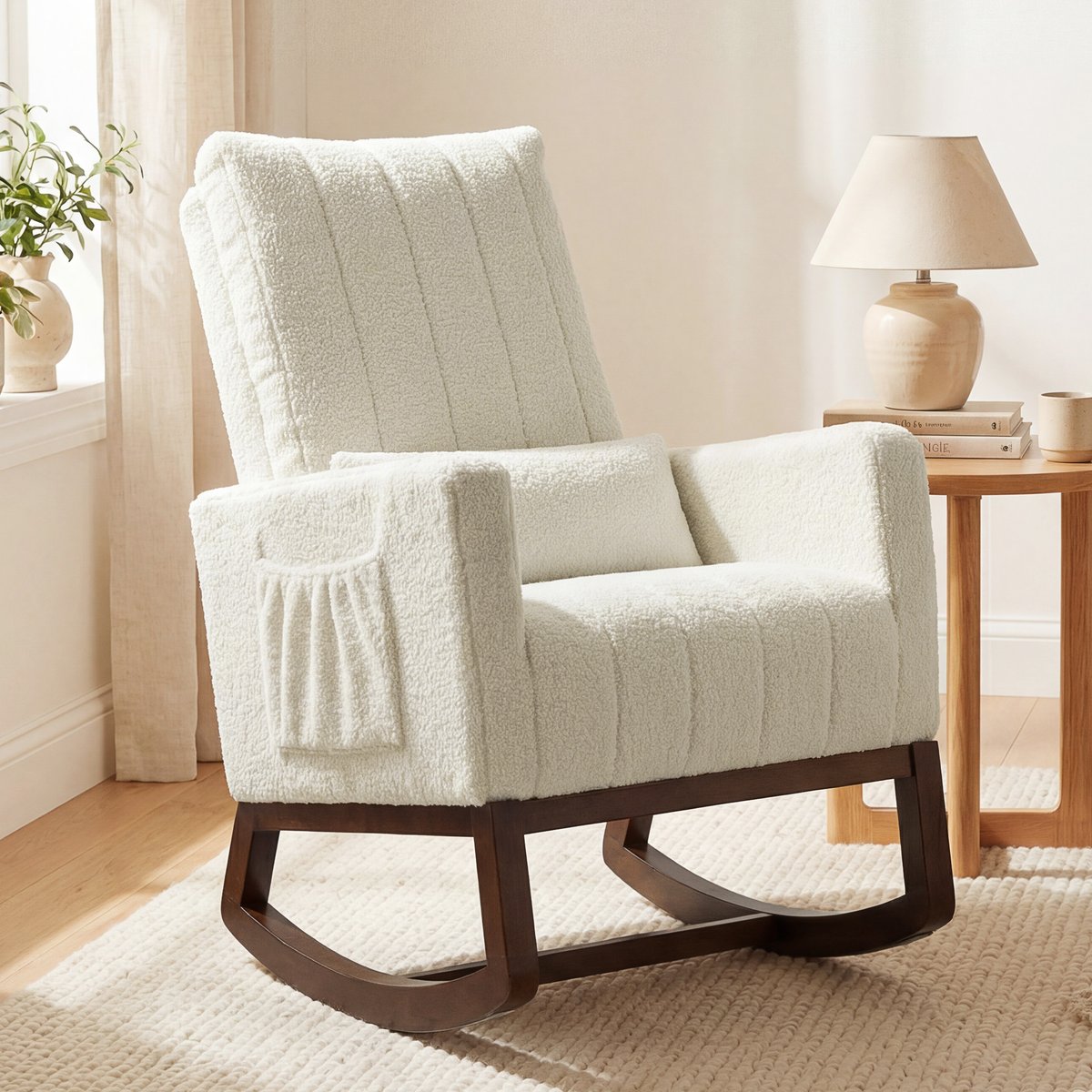 Fauteuil à bascule Flanelle Neige (100% crème, noyer, HOMCOM