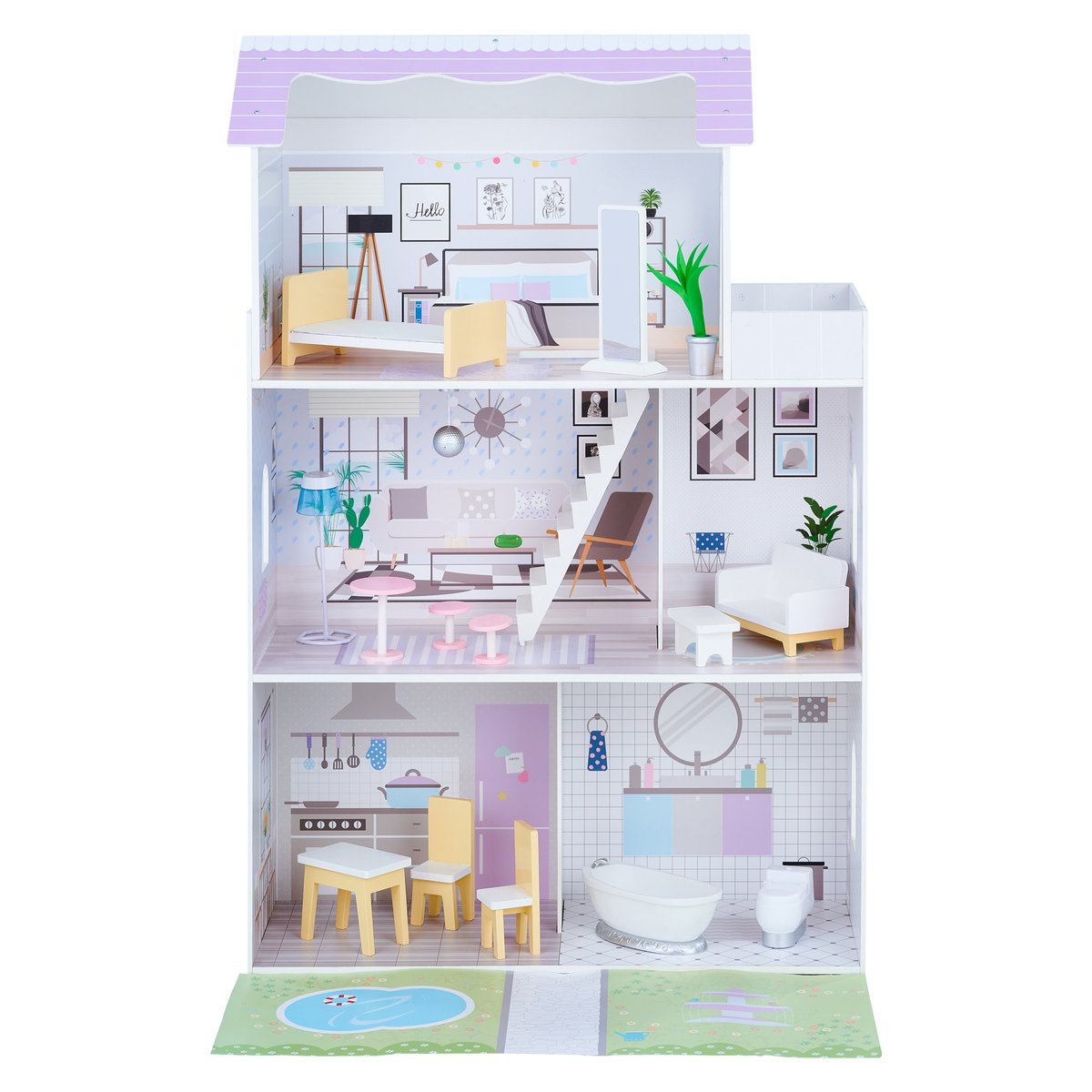Maison Poupée 3 étages avec 16 accessoires, Bois, DREAMLAND blanc, TEAMSON KIDS