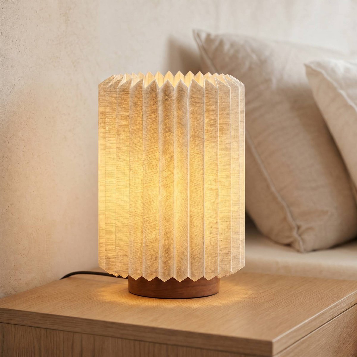 Lampe à poser en textile scandinave, Maveo bois foncé, gris clair, LINDBY