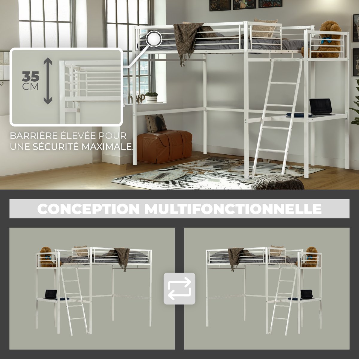 Lit mezzanine Lits superposes en métal sans matelas, LIONEL blanc, MEUBLES COSY