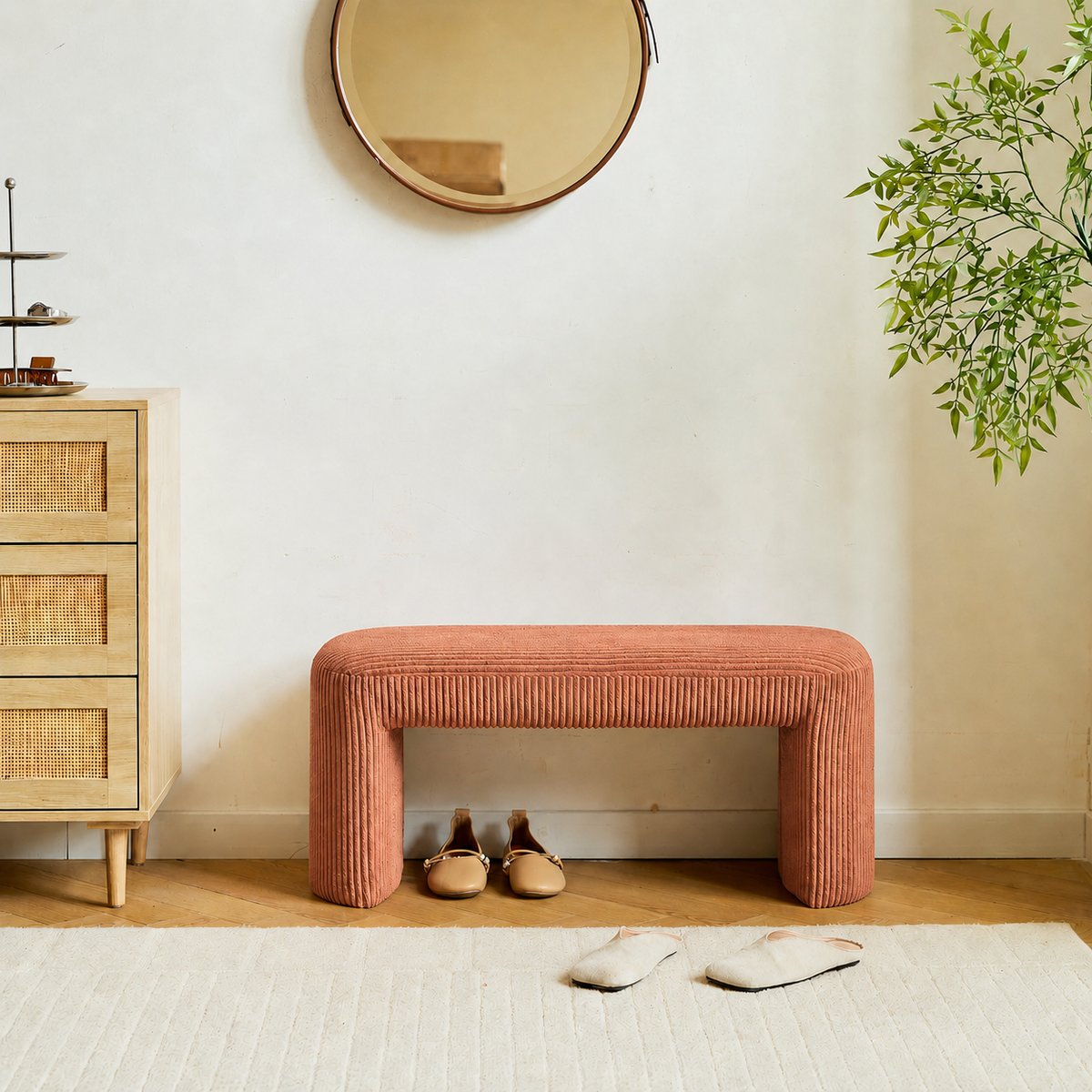 Banc style scandinave, velours côtelé, RIGA terracotta, NORDLYS