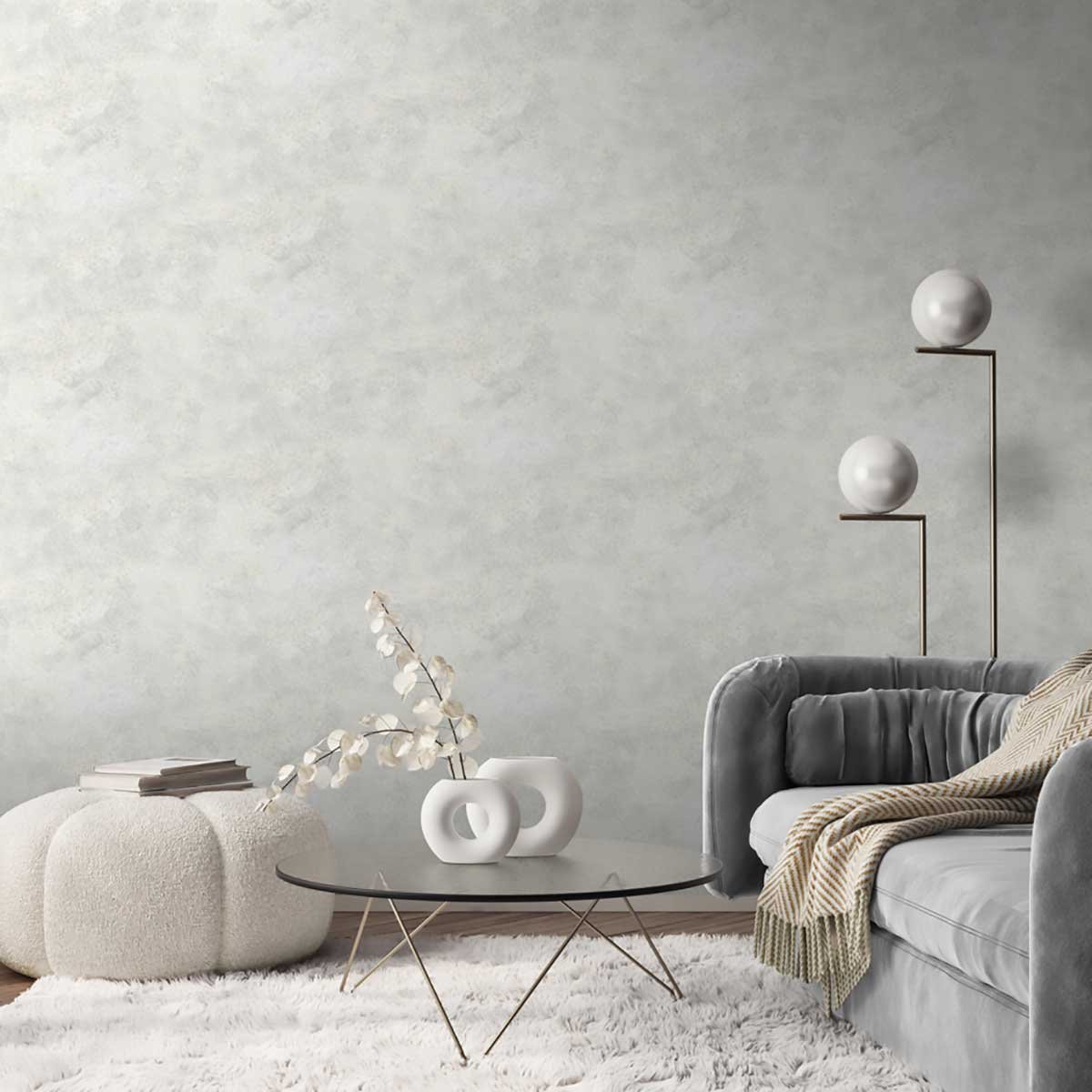 Papier peint effet stuc patiné blanc cassé nacré gris, HEXOA