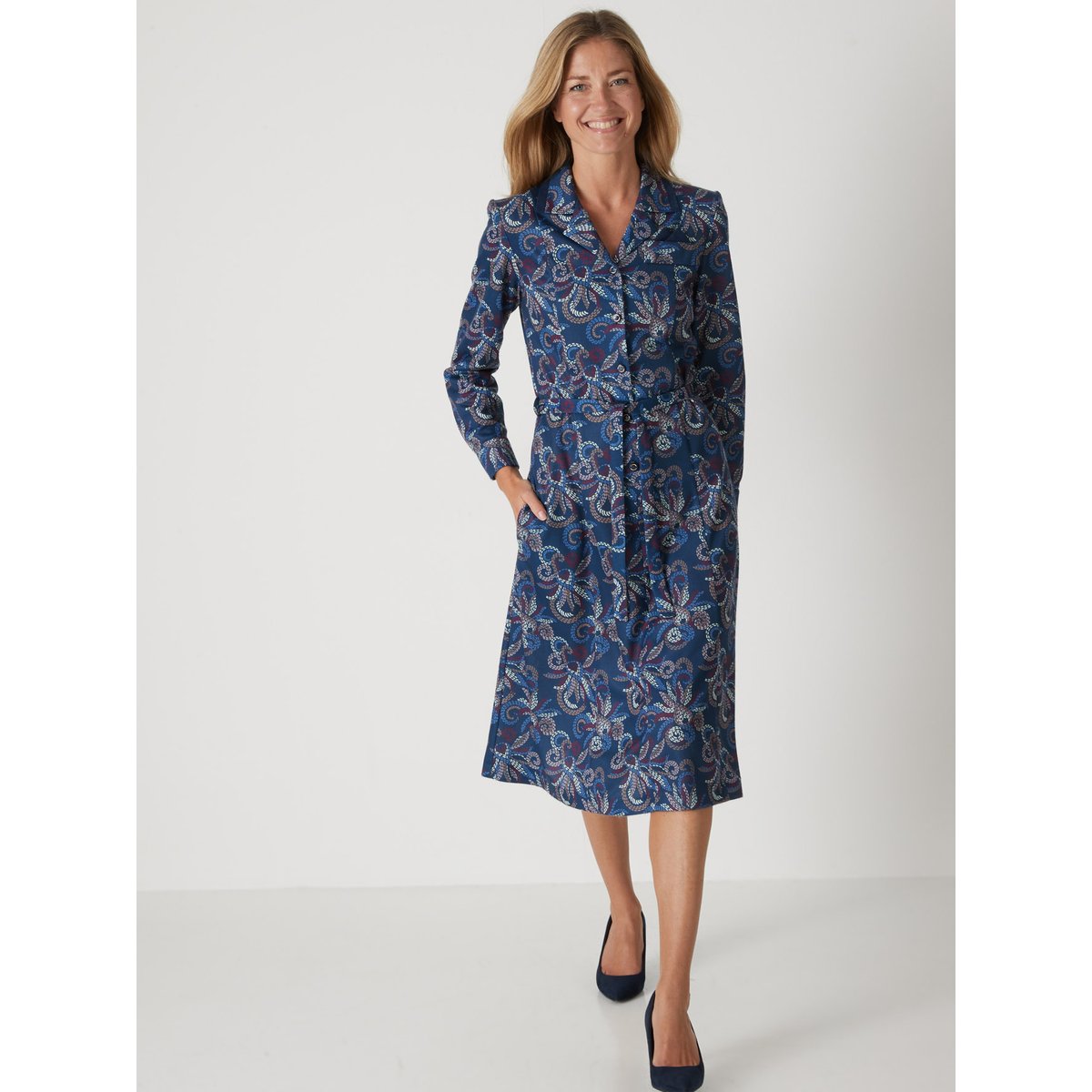 Robe col tailleur manches longues imprimé marine, DAXON