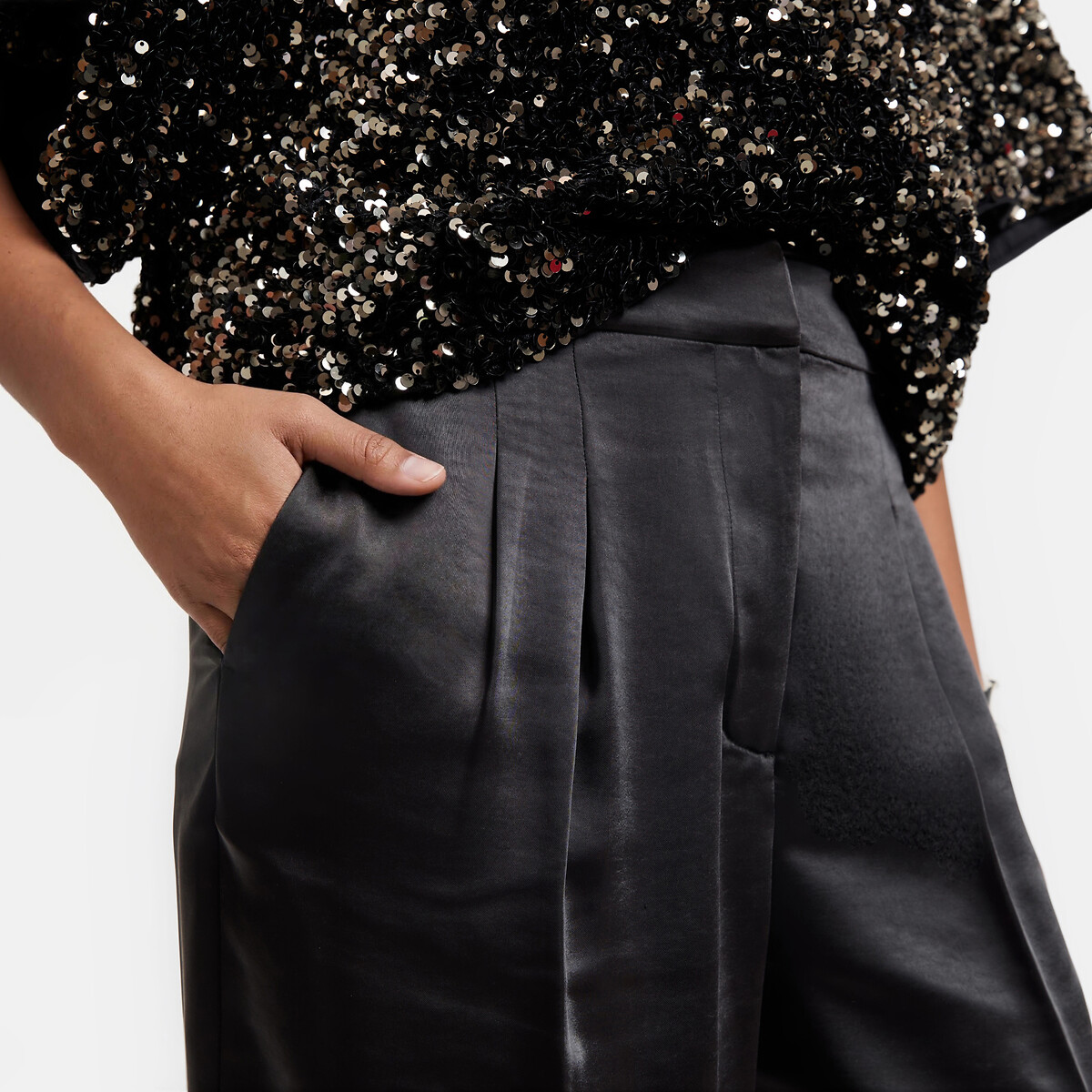 Pantalon large à pinces, en satin noir, LA REDOUTE COLLECTIONS