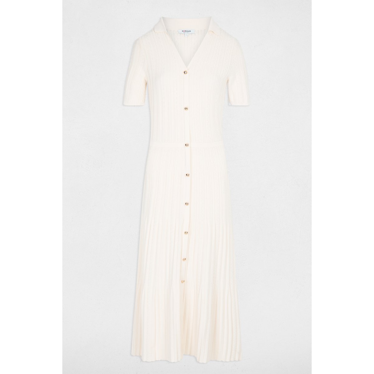 Robe tricot col à revers ivoire, MORGAN