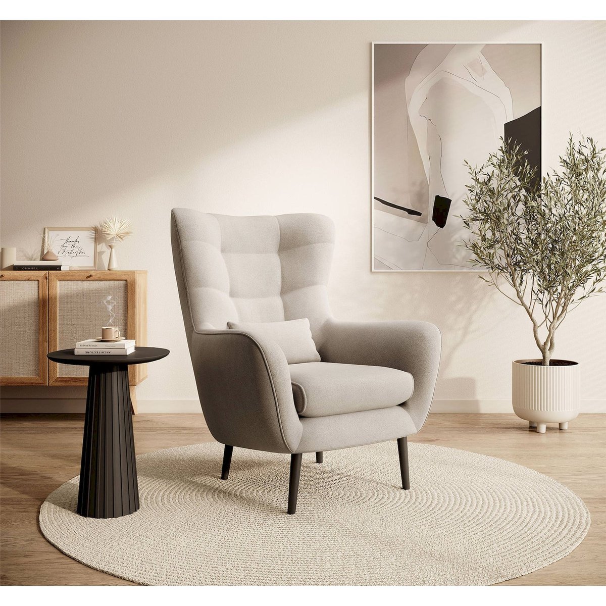 Fauteuil à oreilles capitonné en velours beige chiné, RECOLLECTION