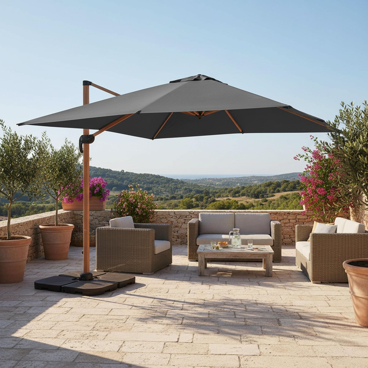 Parasol déporté 3 x 3m inclinable rotatif et 4 dalles à lester remplissables, BRESCIA gris anthracite, OVIALA