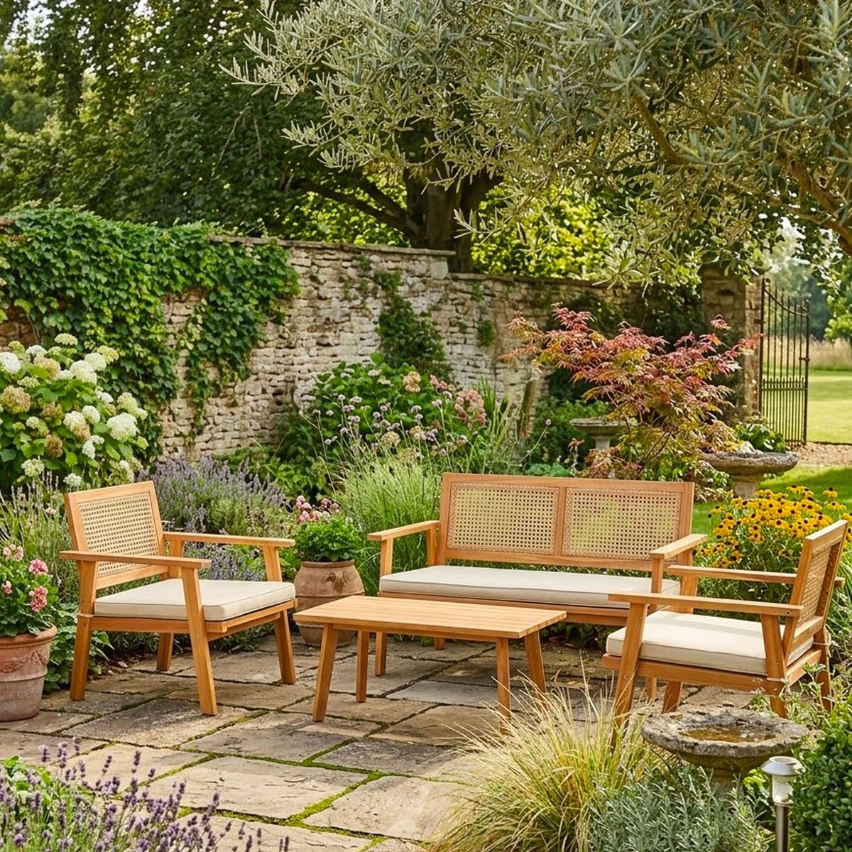 Salon de jardin bois d'acacia et cannage 2 fauteuils, 1 canapé, 1 table bois, WADIGA