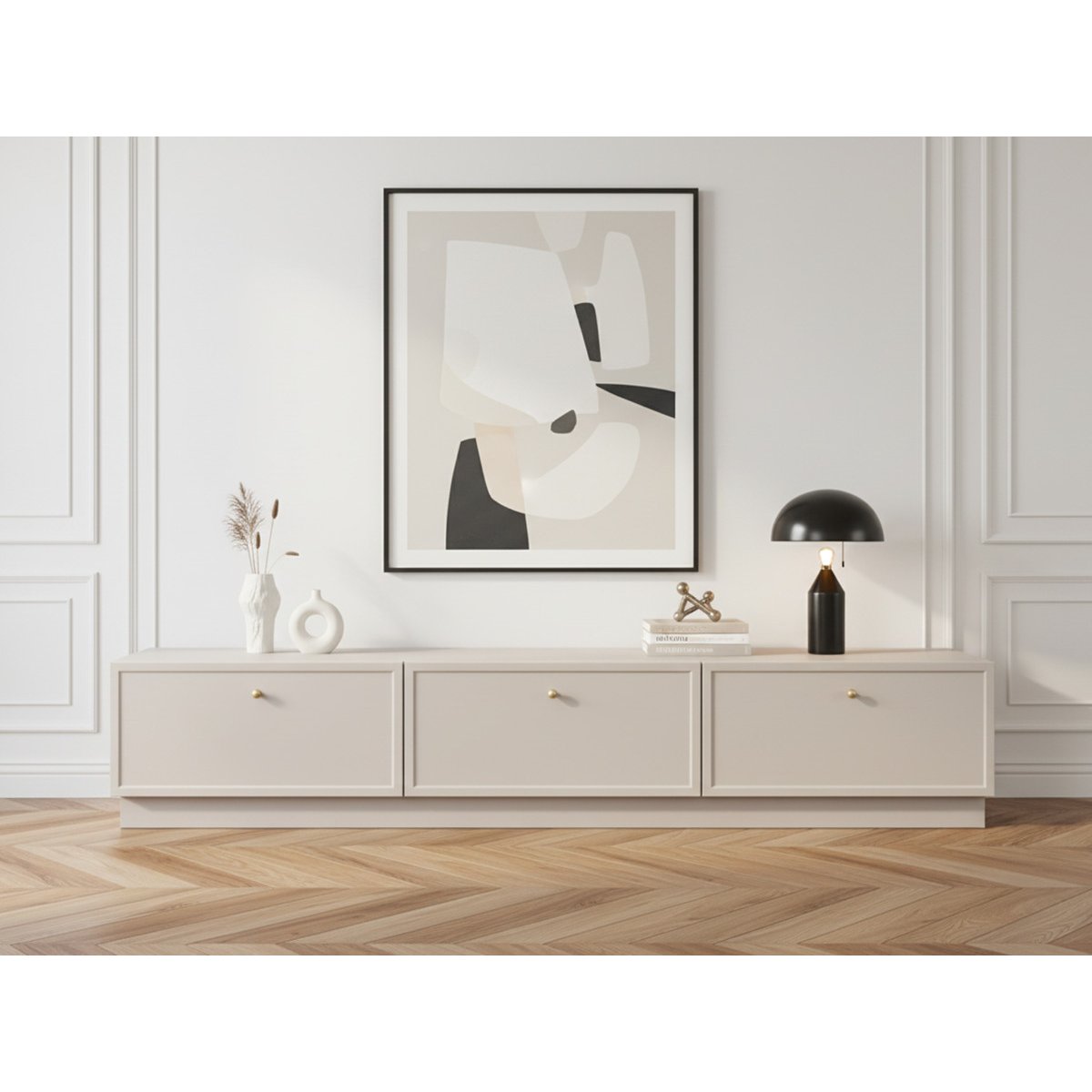 Meuble TV 200 cm panneaux de particules, LORINA beige, BOBOCHIC
