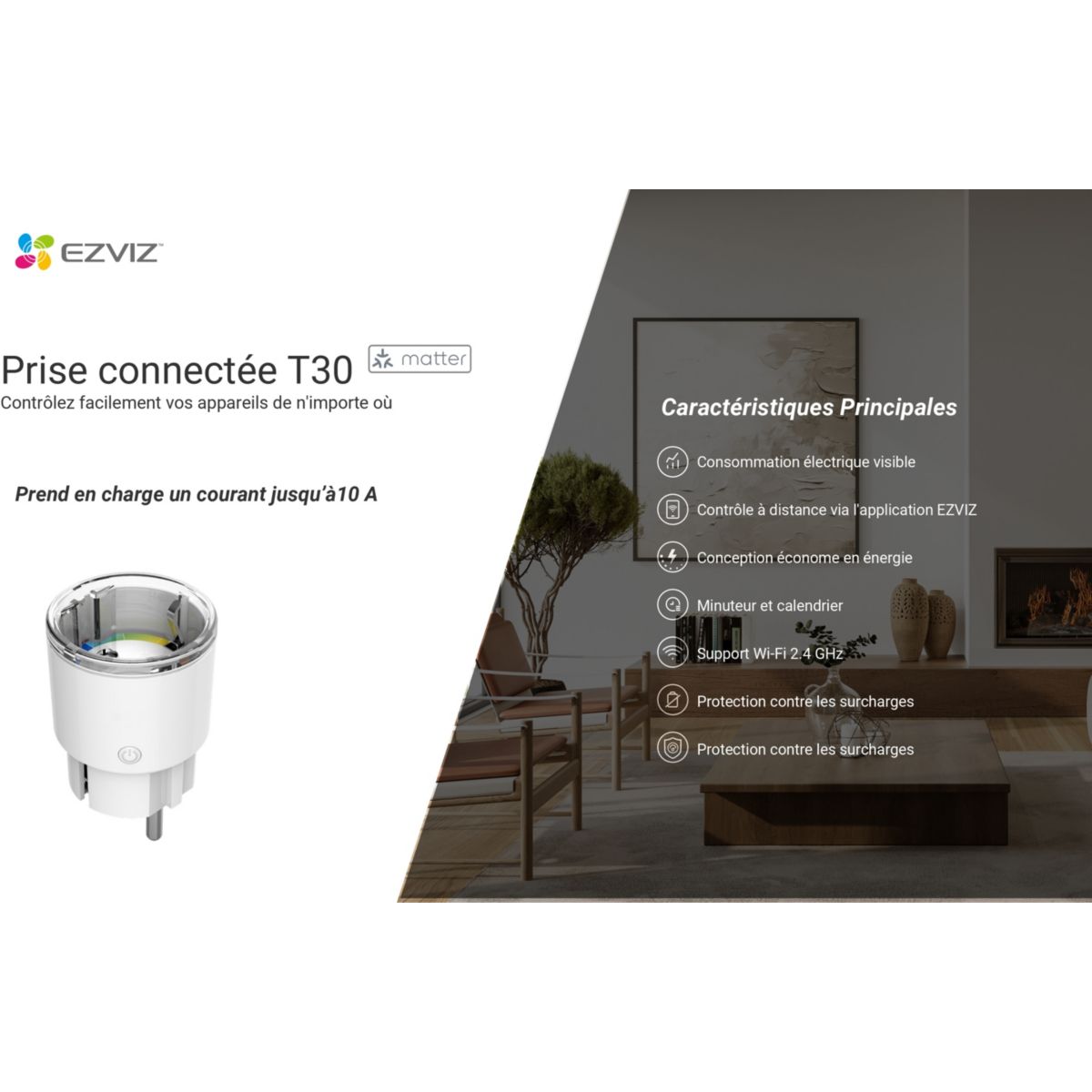 Prise connectée T30-10E couleur unique, EZVIZ