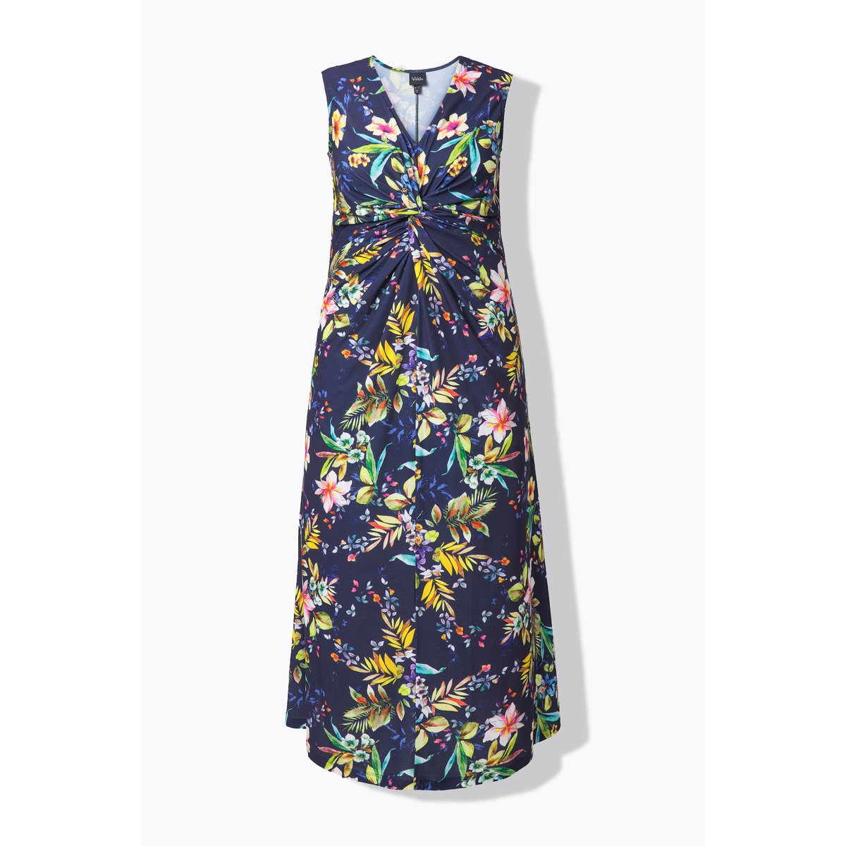 Robe maxi en jersey. Motif floral et drapé marine, ULLA POPKEN