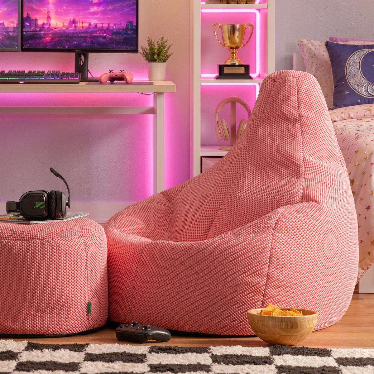 Pouf repose-pieds de gaming rond en mesh tech Oeko-Tex® - MILANO rose pastel, ICON