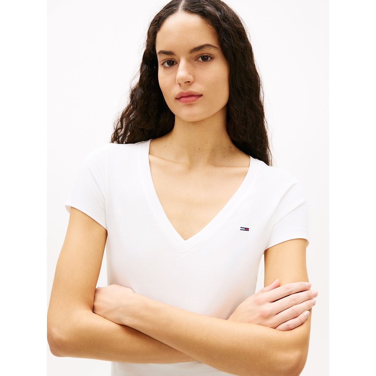 T-shirt scollo a V, maniche corte ecru , TOMMY JEANS