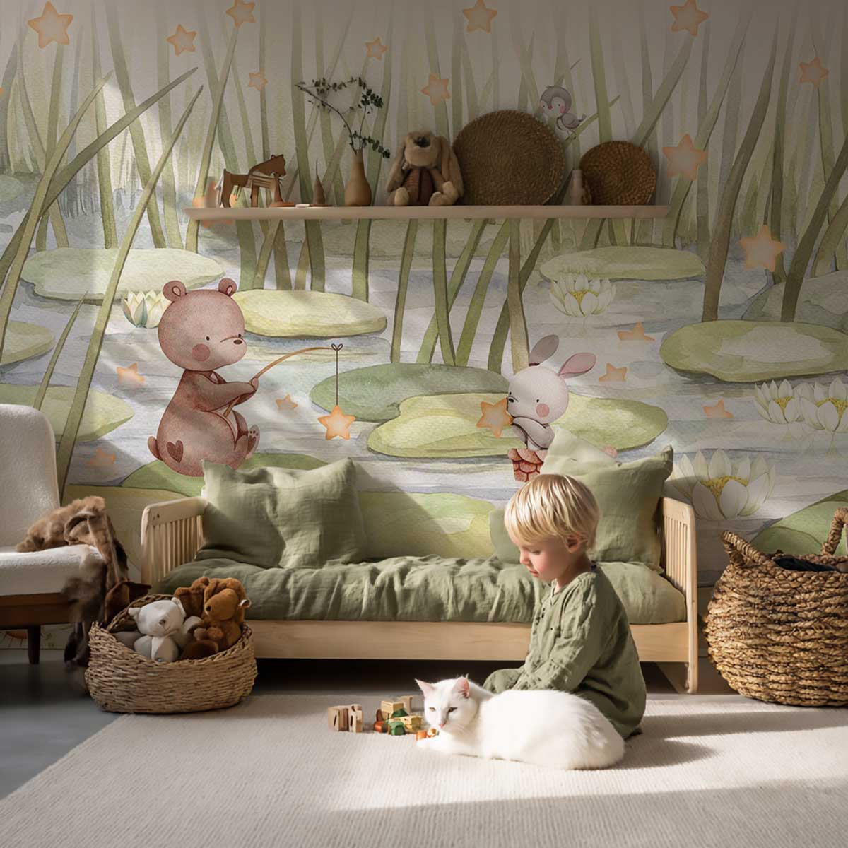 Papier peint étoiles nature chambre bébé vert, HEXOA