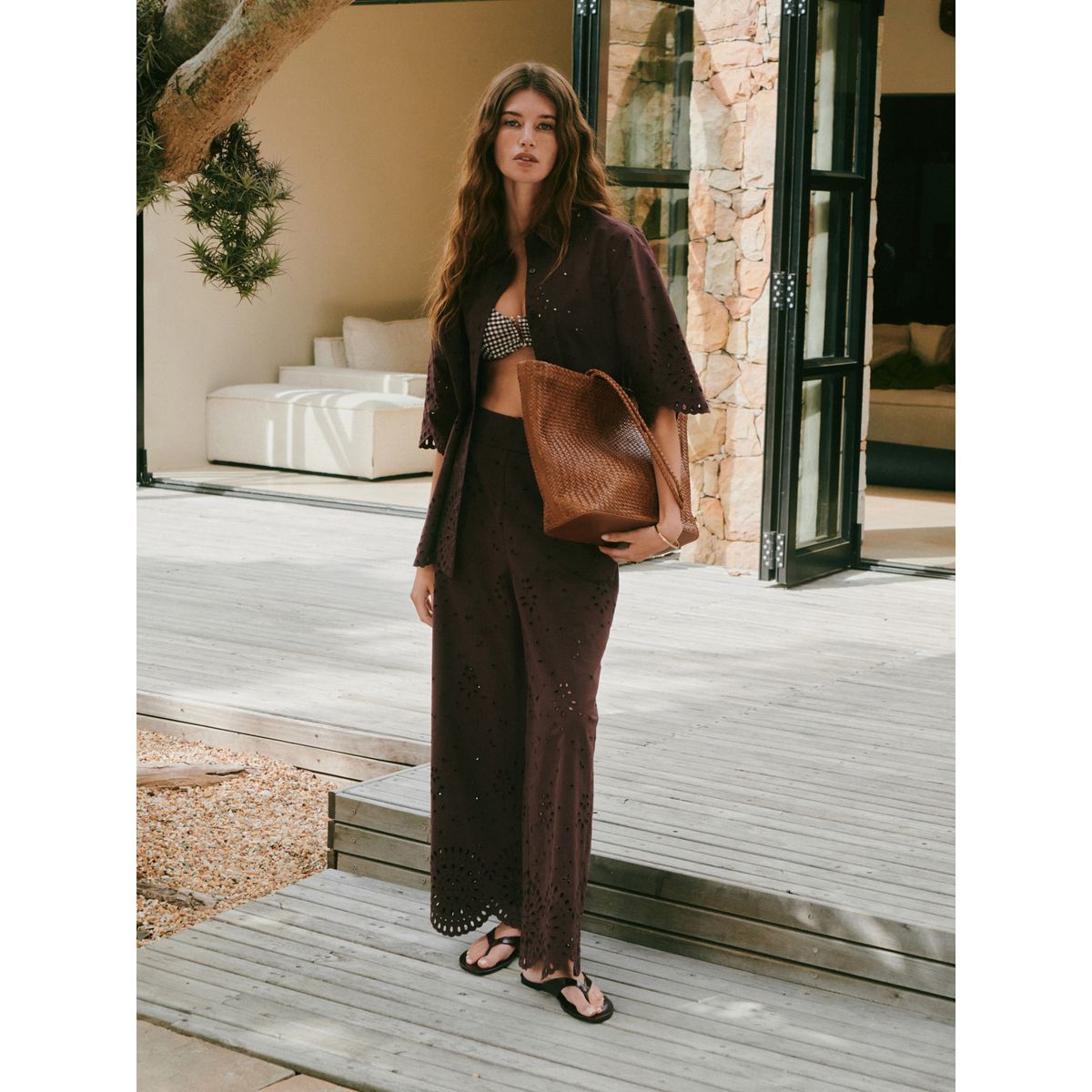 Pantalon large court avec broderie marron chocolat, NEXT