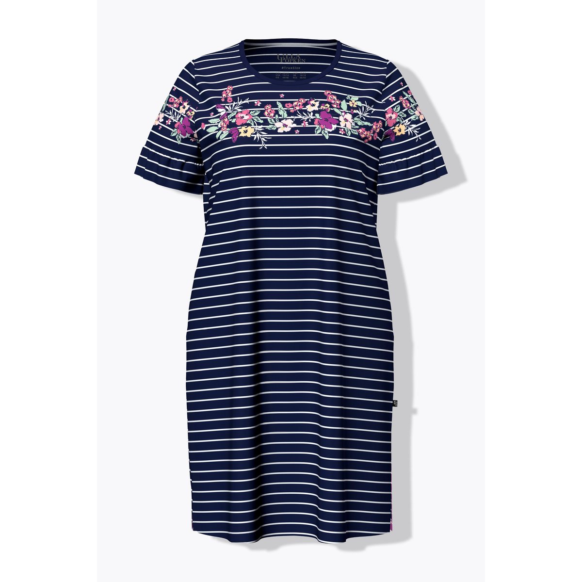 T-shirt long à rayures fleuries, col rond bleu nuit, ULLA POPKEN