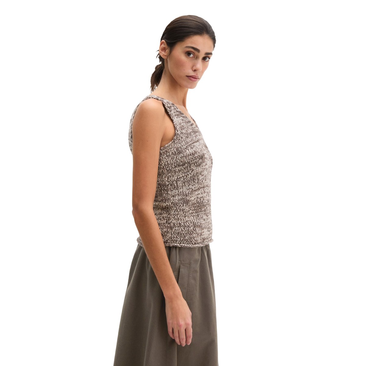 Top en tricot slim en fil à bandelettes marron, MARC O'POLO