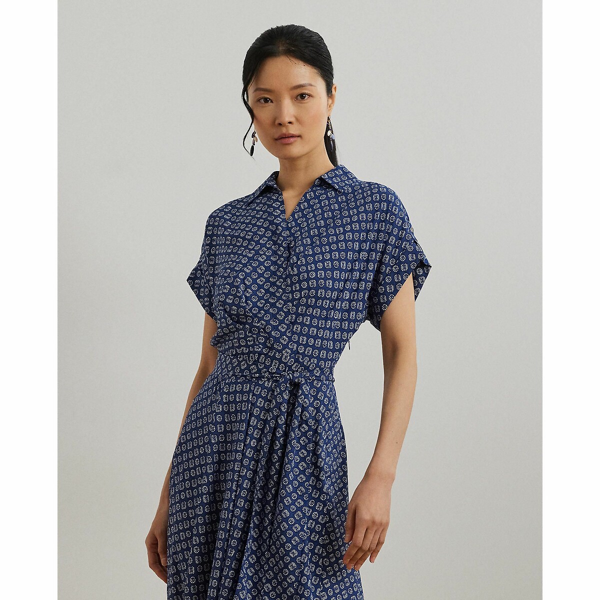 Fratillio Belted Flowing Dress with Short Sleeves blue striped/white, LAUREN RALPH LAUREN