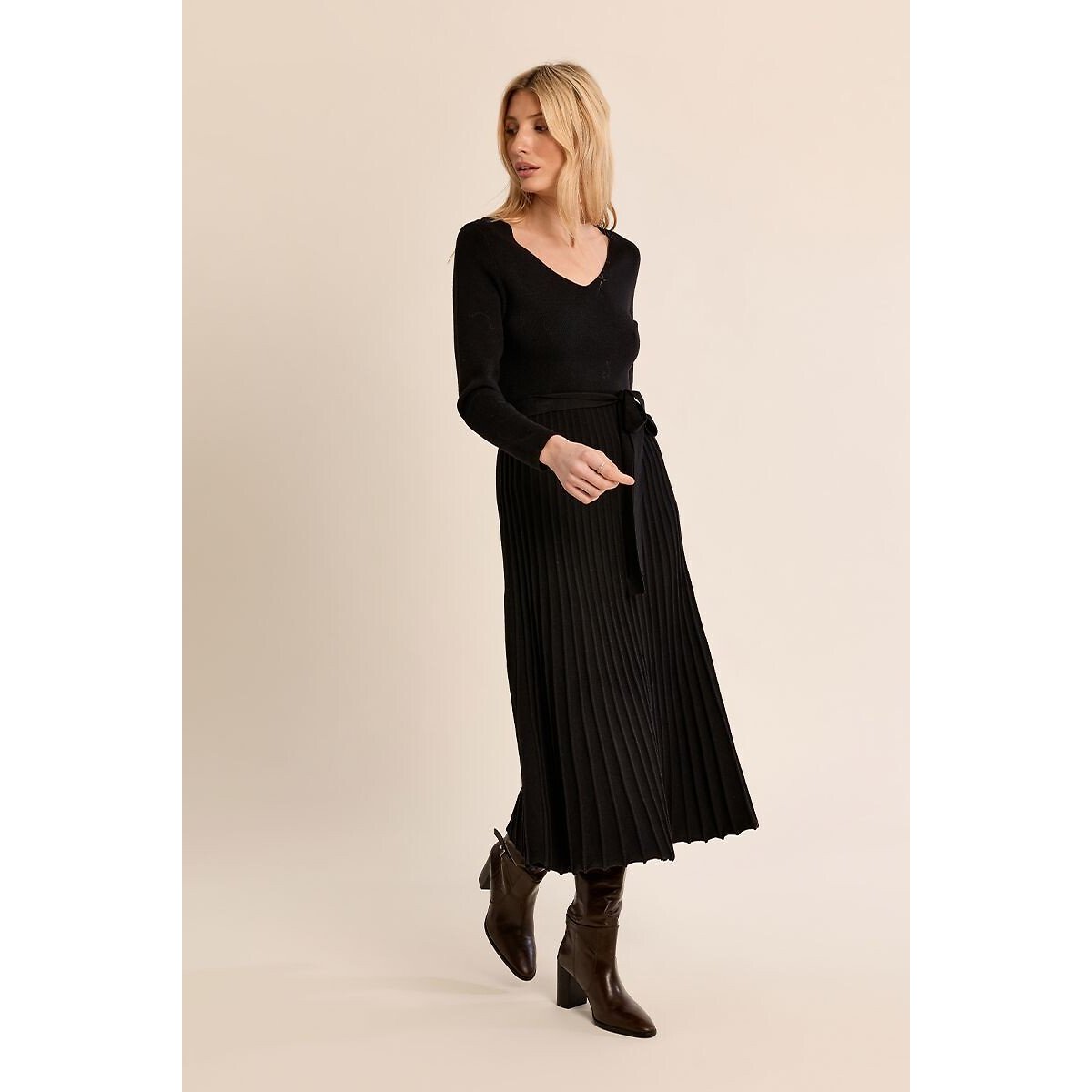 Abito lungo in maglia con cintura nero , MOLLY BRACKEN