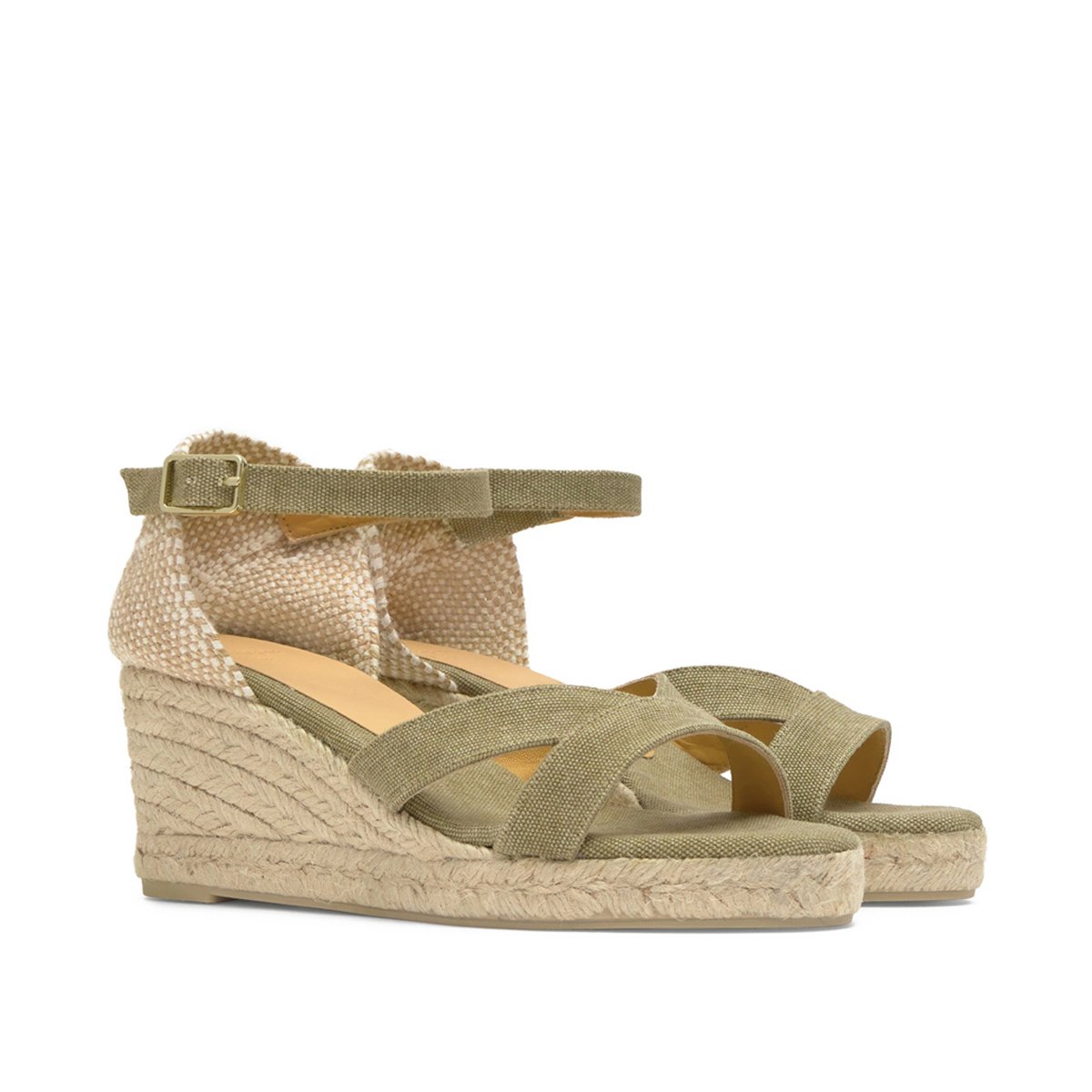 Sandales compensées en coton bio et jute tressée à bride cheville BRUNA PLATFORM vert olive, CASTANER