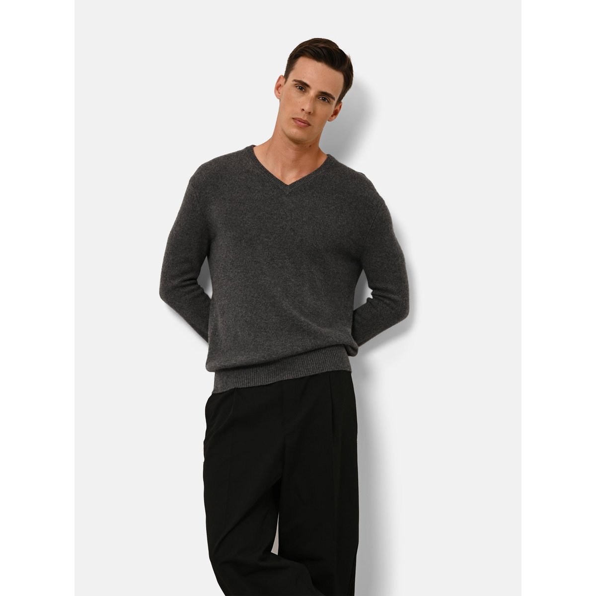 Pull Col V 4 Fils Anthracite Chiné Nathan gris anthracite chiné, JUST CASHMERE