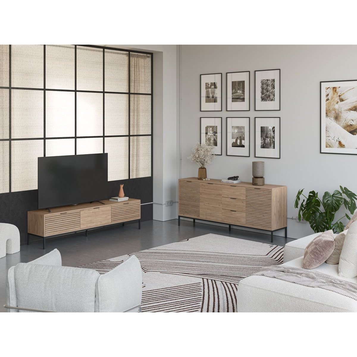 Buffet bas en panneaux de particules 3 portes 3 tiroirs 180 cm, AGATHE marron clair, BOBOCHIC