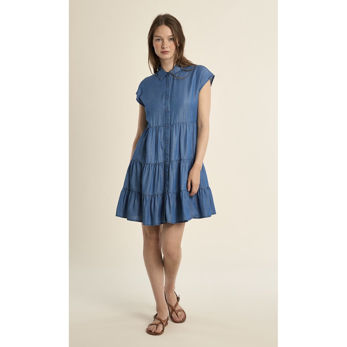 Robe courte manches courtes col chemise bleu, MOLLY BRACKEN