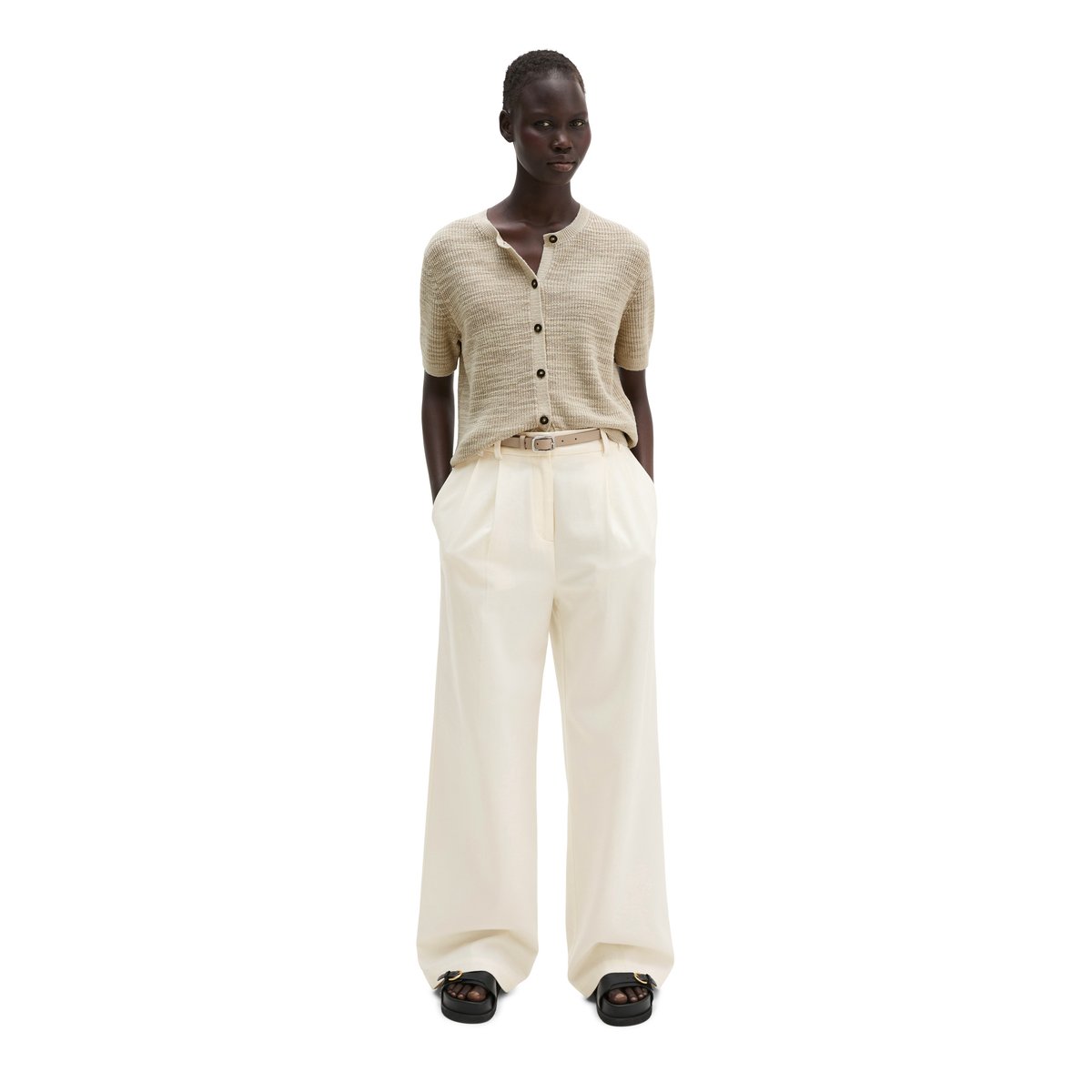 Slub-Cardigan loose en mélange de lin et de coton beige, MARC O'POLO