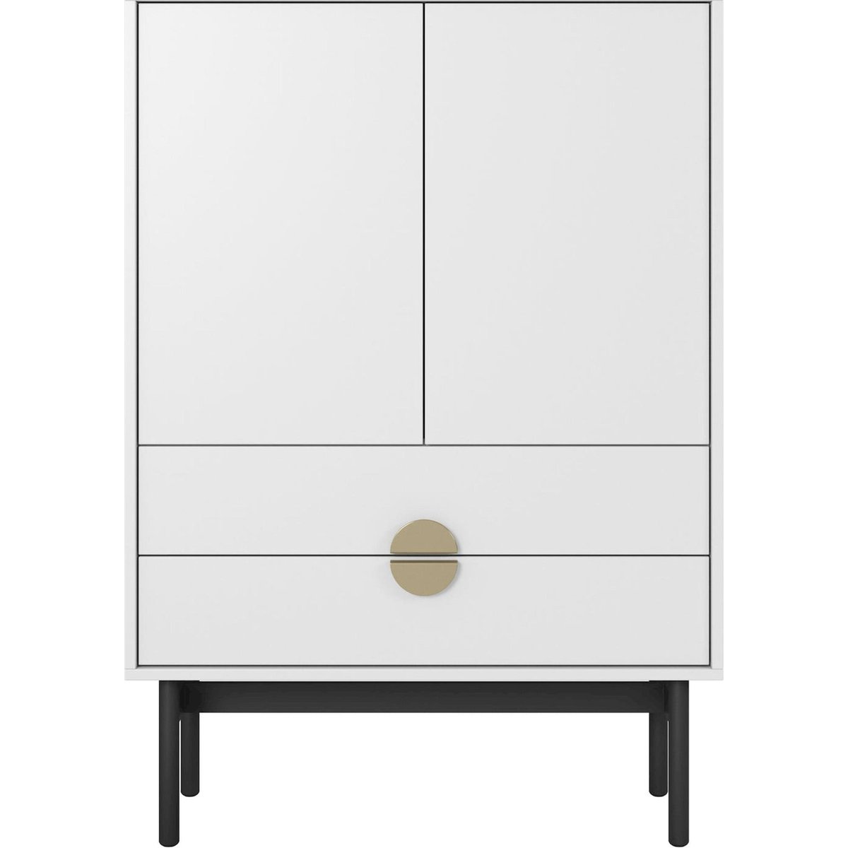 Commode haute 2 portes 2 tiroirs collection STOON blanc avec piètement noir et poignées dorées, RECOLLECTION