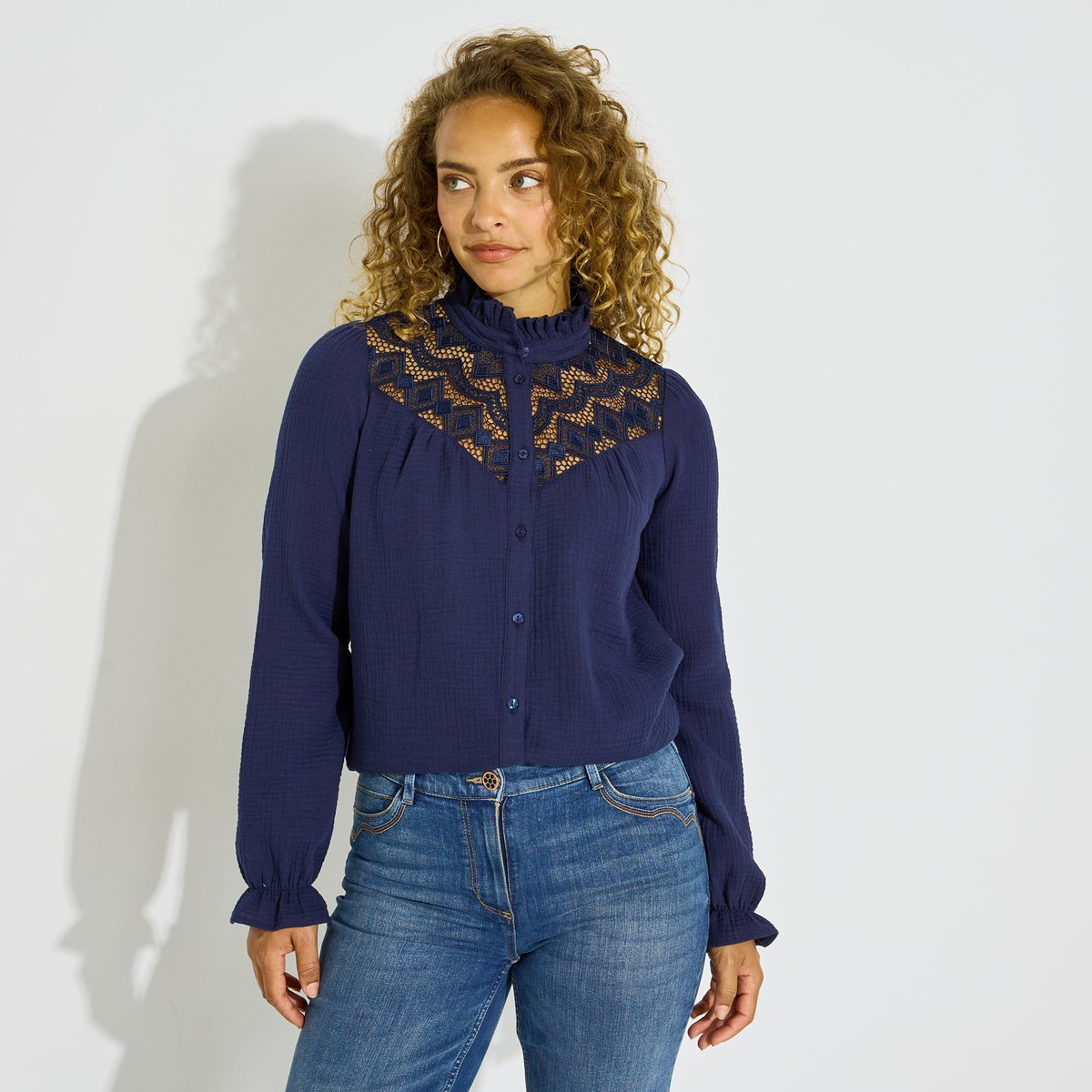 Chemise ajourée en gaze de coton bleu marine, GRAIN DE MALICE