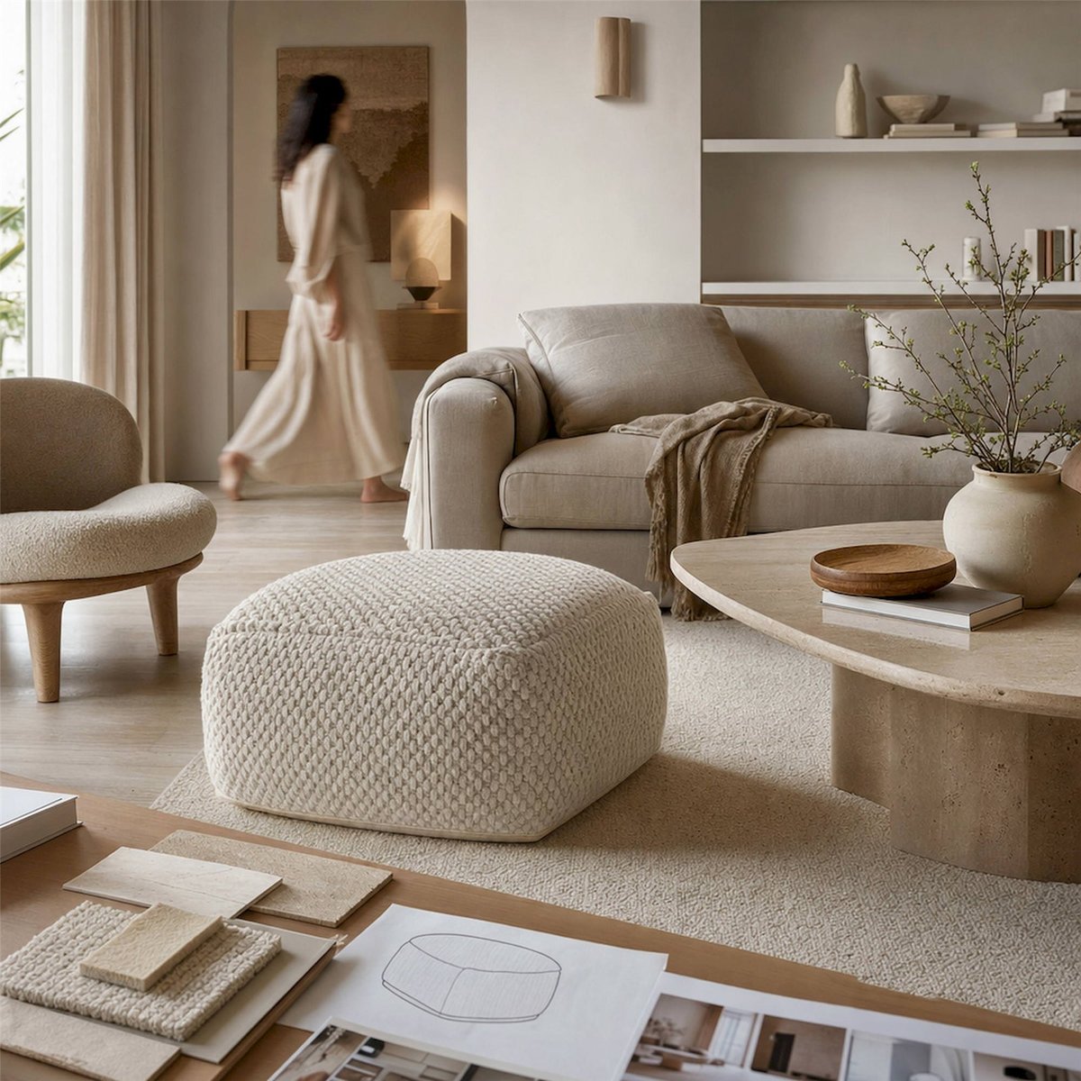 Pouf en laine bouclée fait main blanc cassé et gris, RECOLLECTION
