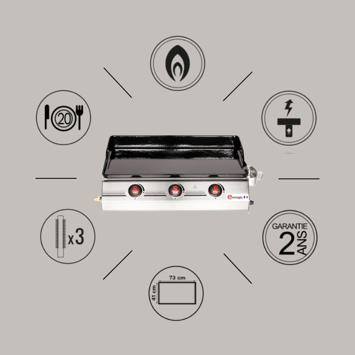 Plancha gaz à poser pour 20 convives gris clair, SOMAGIC