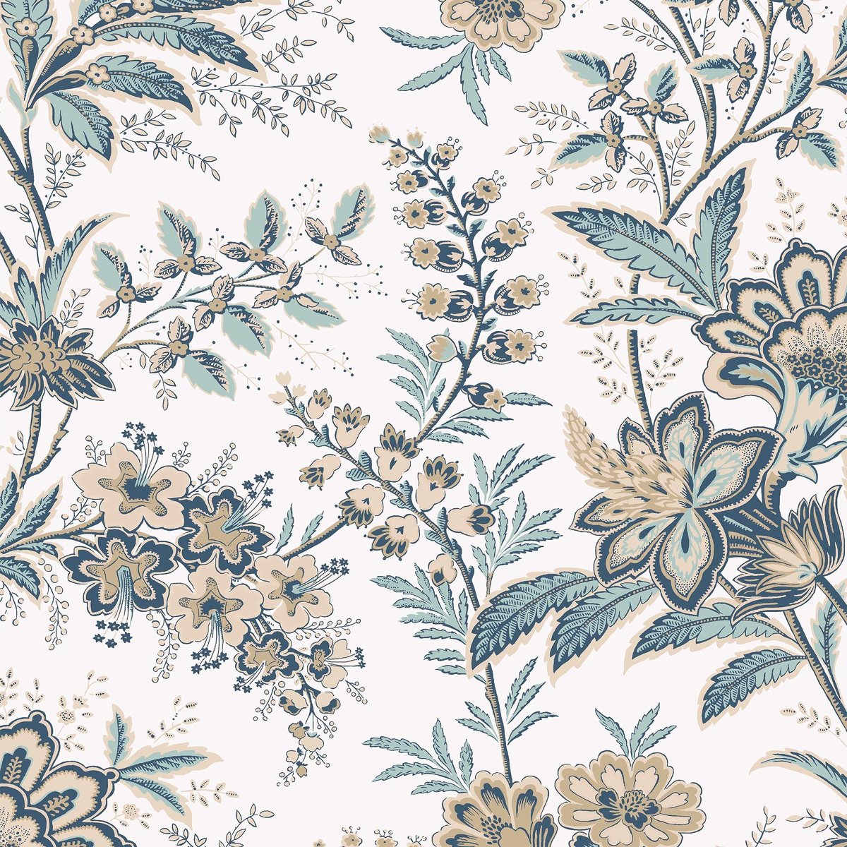 Papier peint fleurs jacobines du matin Marlbrook beige, vert bleuté, LAURA ASHLEY