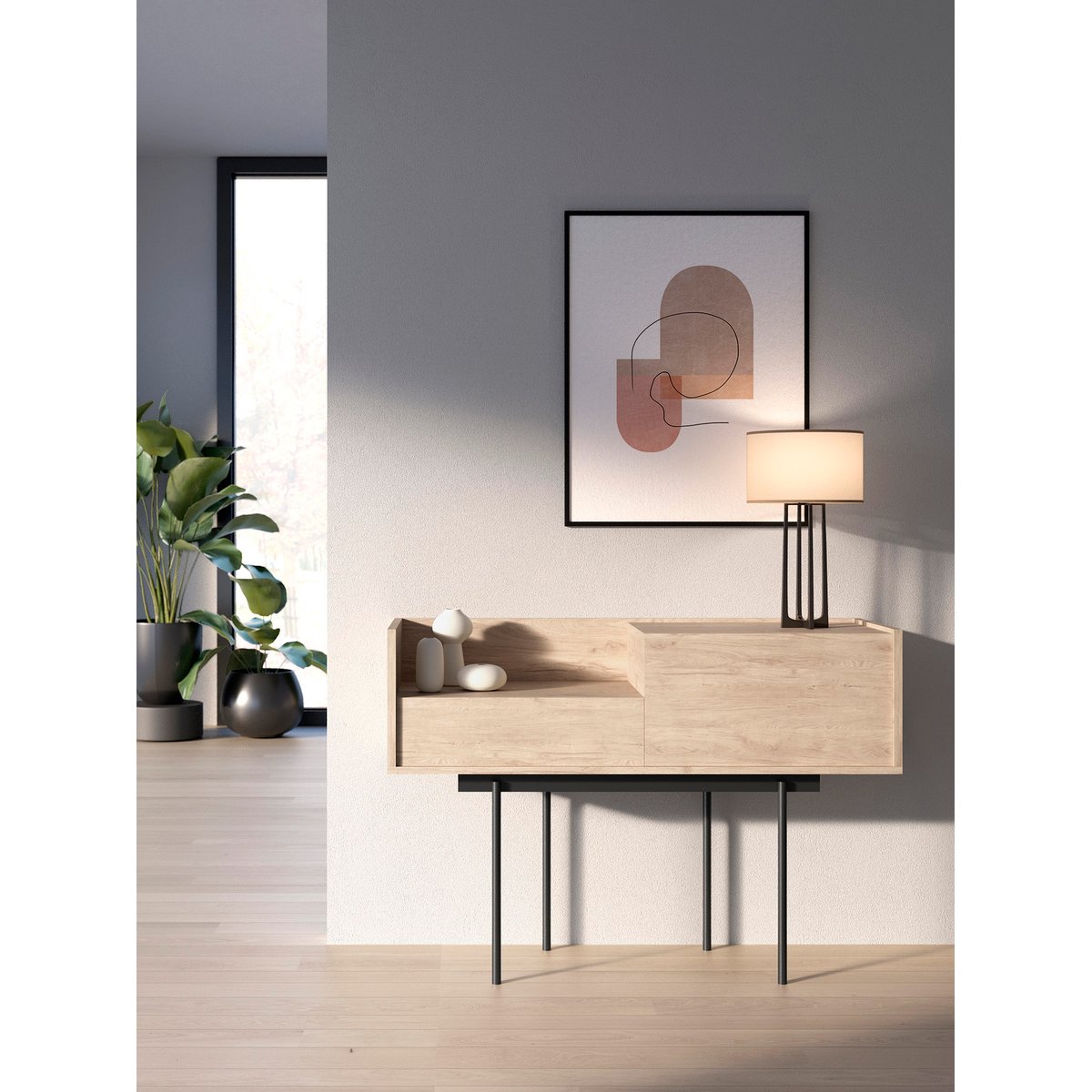 Buffet en placard et métal, DIPLOMAT chêne clair, HERDASA