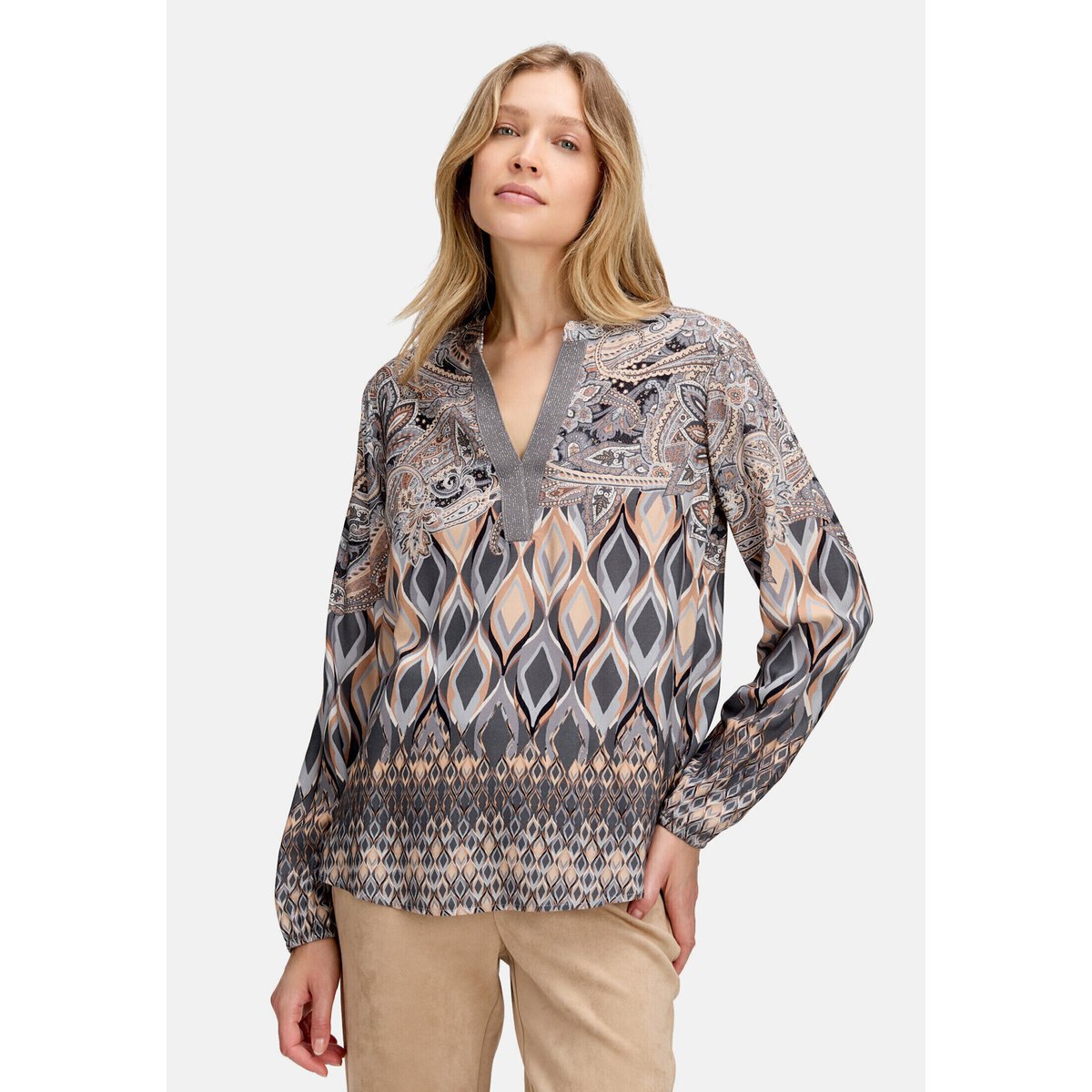Chemisier long à col droit gris/beige, BETTY BARCLAY