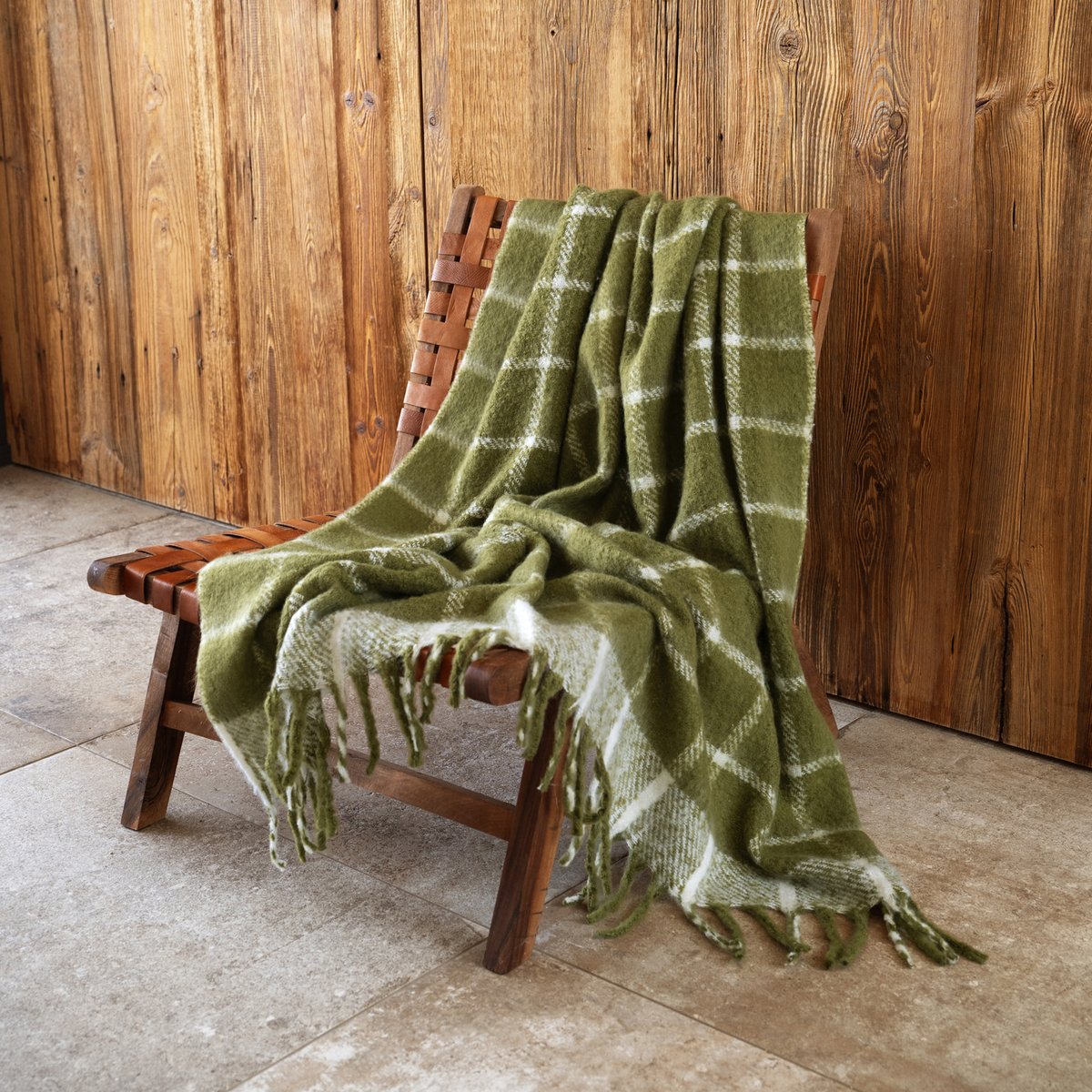 Plaid à carreaux aspect mohair avec franges - QABANE vert, HOME MAISON