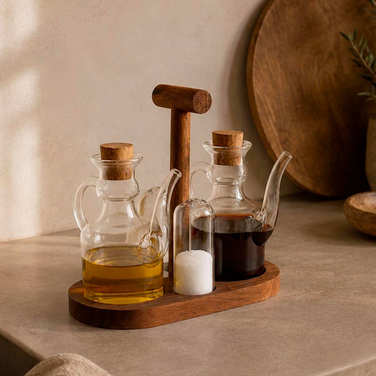 Set huile, vinaigre et sel verre et bois acacia 9x18.5x18cm bois, WADIGA