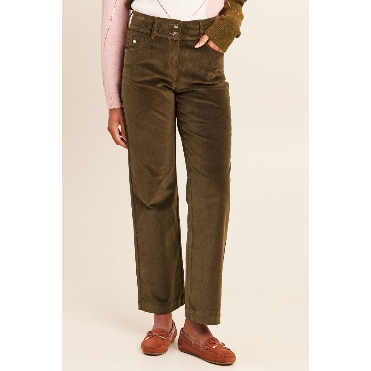 Pantalon taille haute en velours vert kaki, BREAL